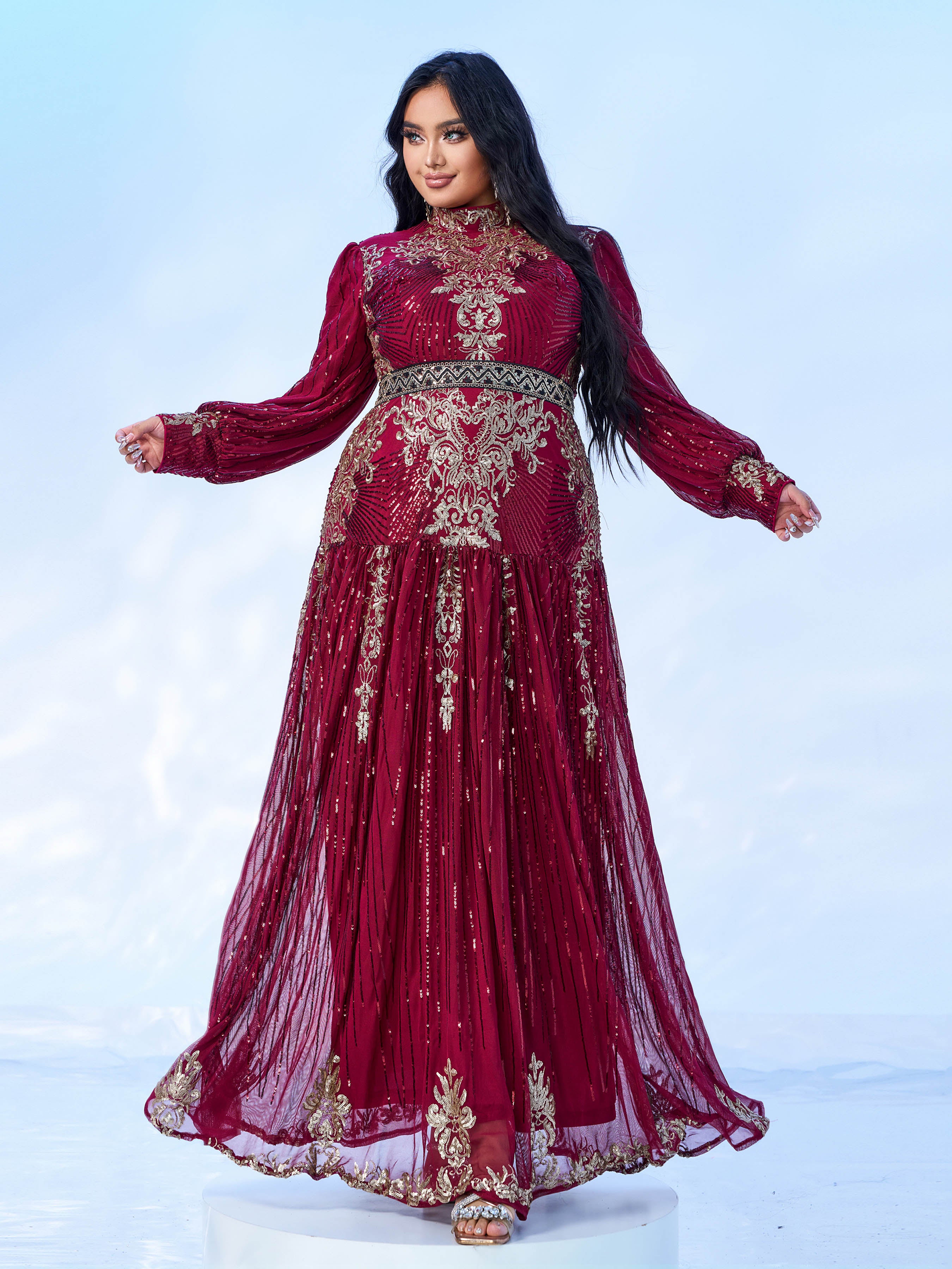 Plus Stand Collar Sequin A-line Dress PMES00341