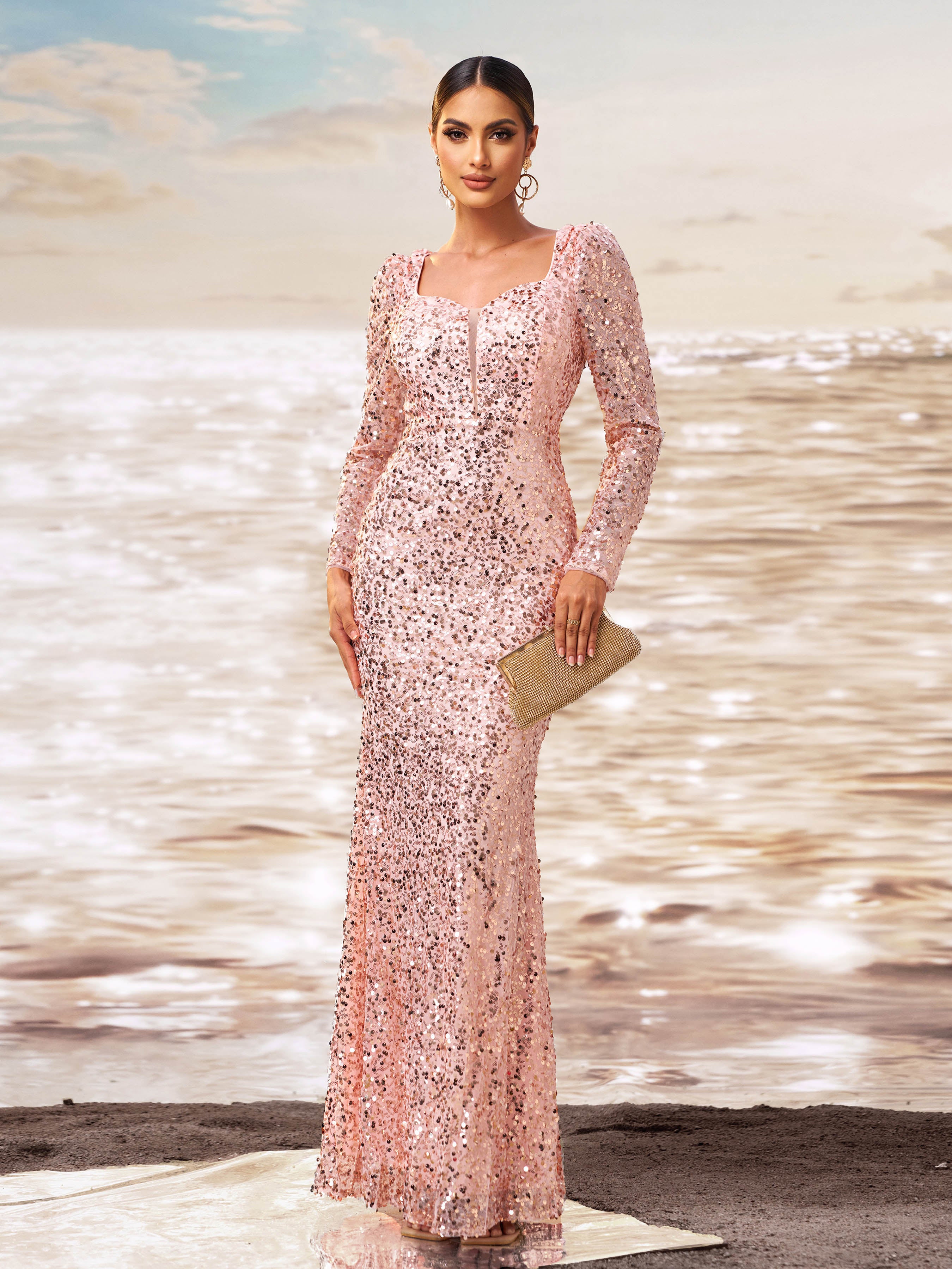 Backless Deep V Neck Long Sleeve Sequin Prom Dress XJ1329