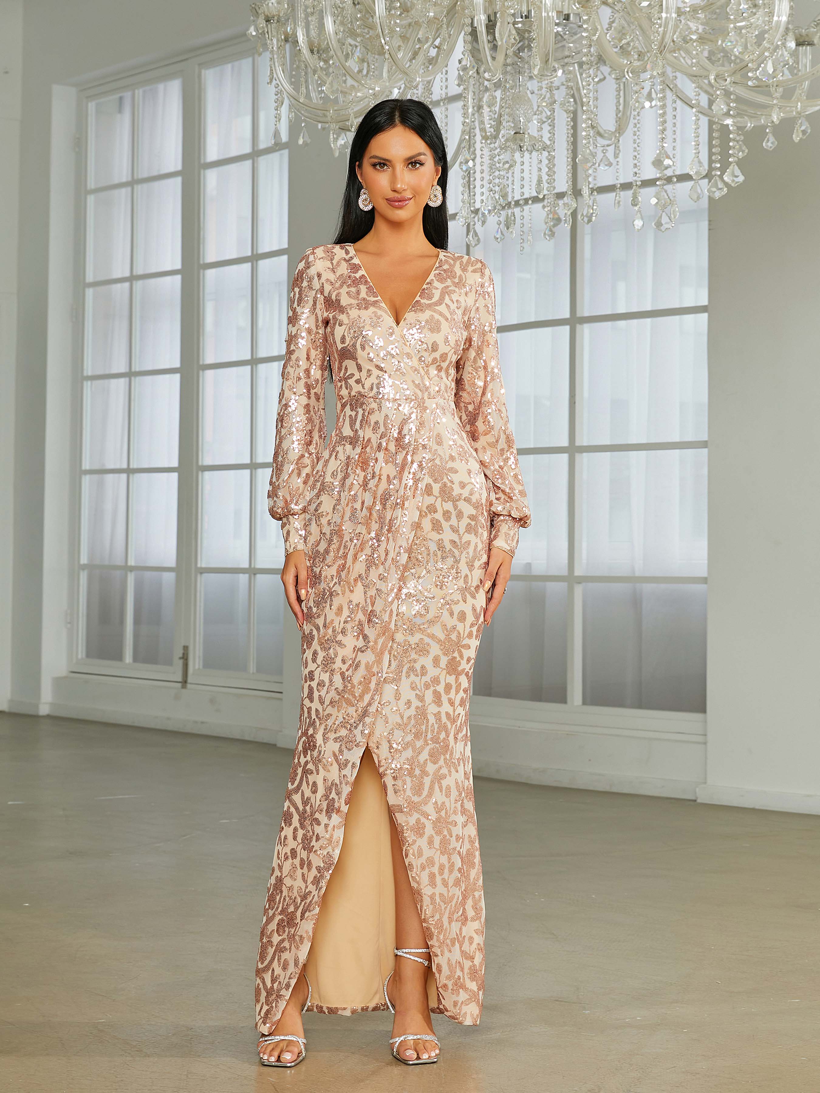 V-neck Split Sequin Wedding Guest Dress M01207
