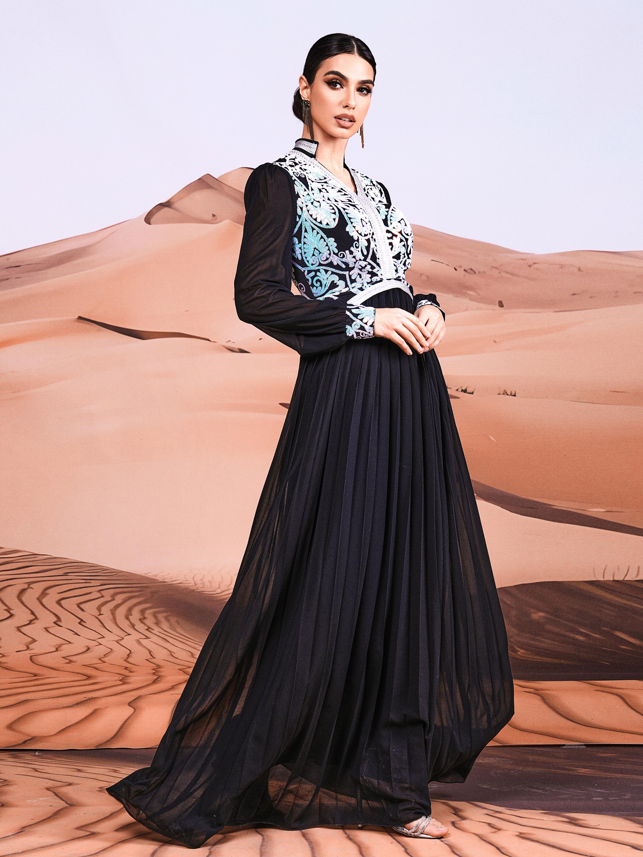 Long Sleeve A-line Pleated Tulle Dress MES00388