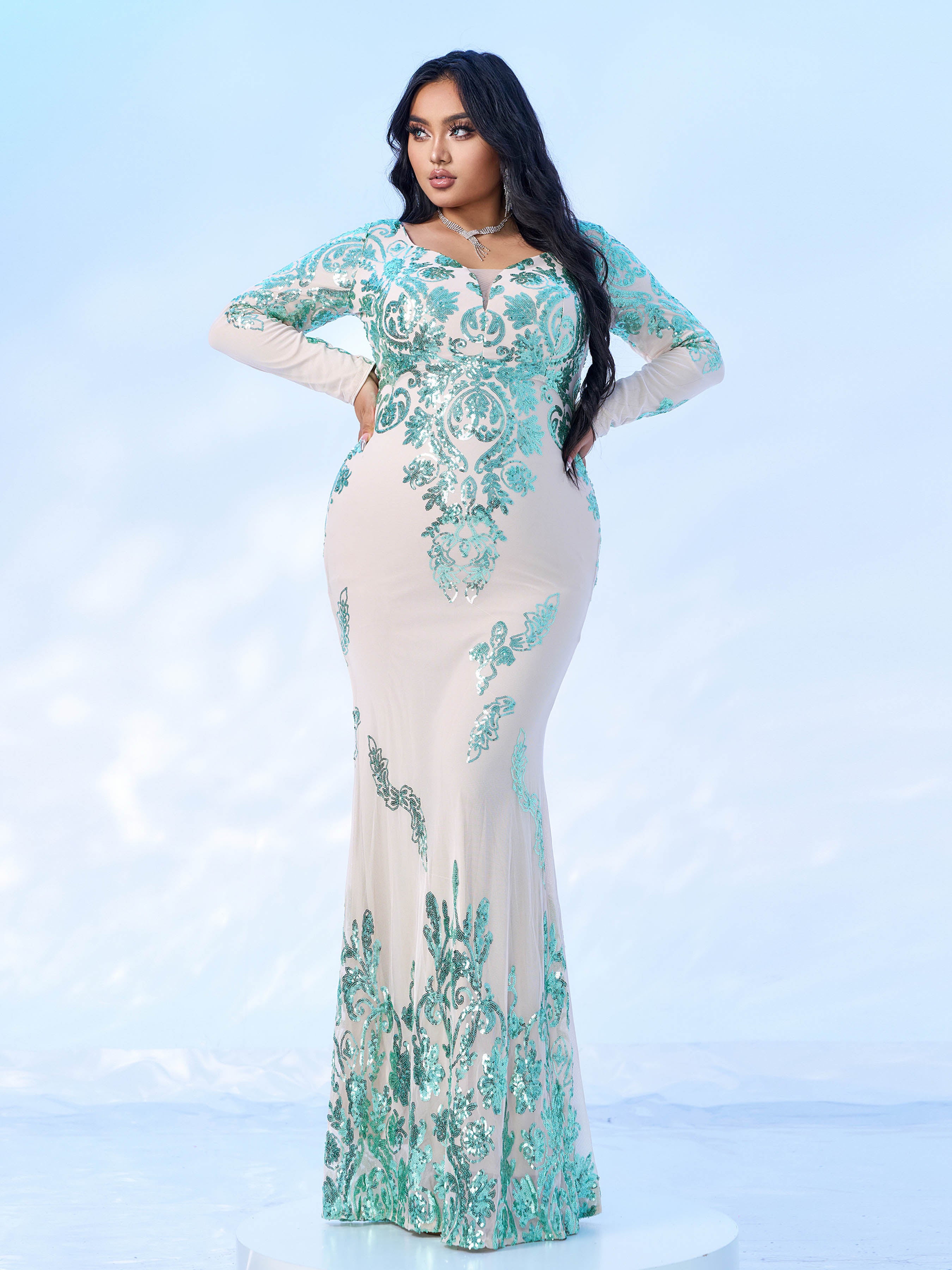 Plus Long Sleeve Floral Sequin Dress PM02326