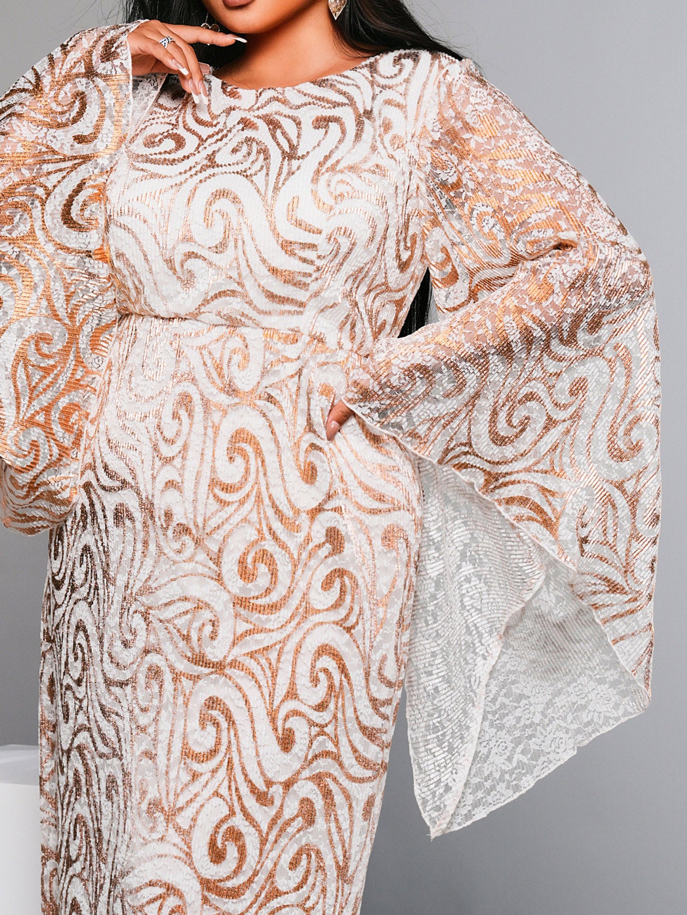 Plus Crew Neck Bell Sleeve Gold Dress PRX70137