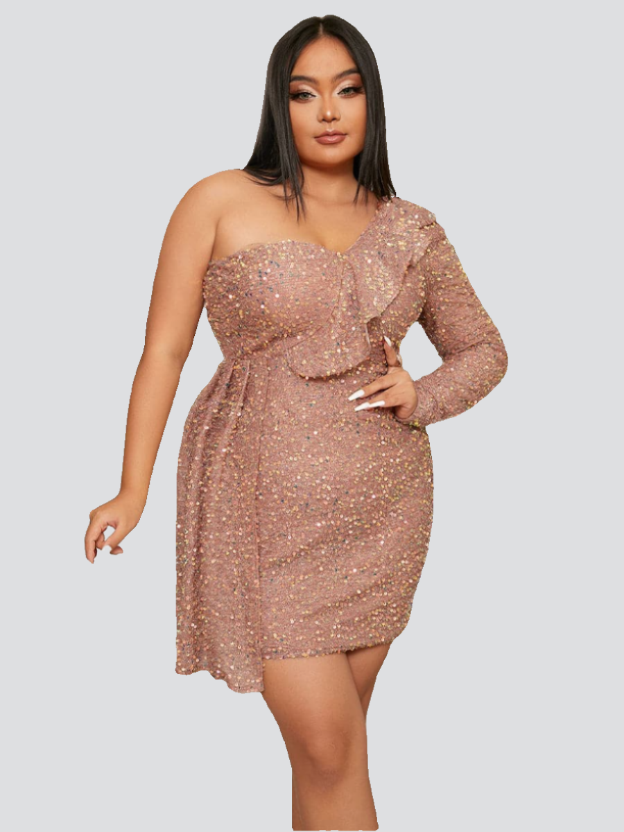 Plus One Shoulder Ruffle Trim Sequin Dress PXJ1051
