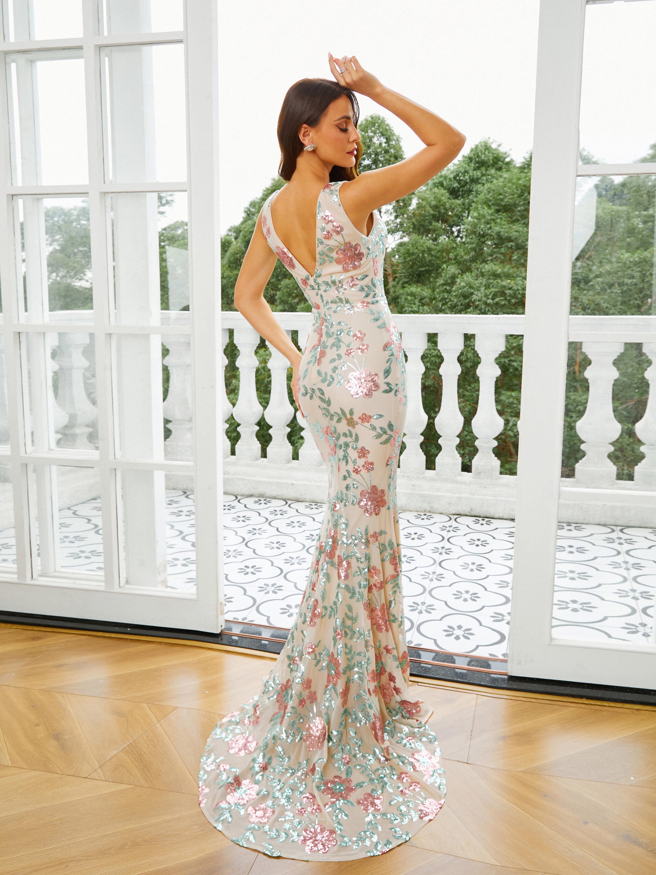 Floral V-neck Sequin Mermaid Prom Dress RJ10790