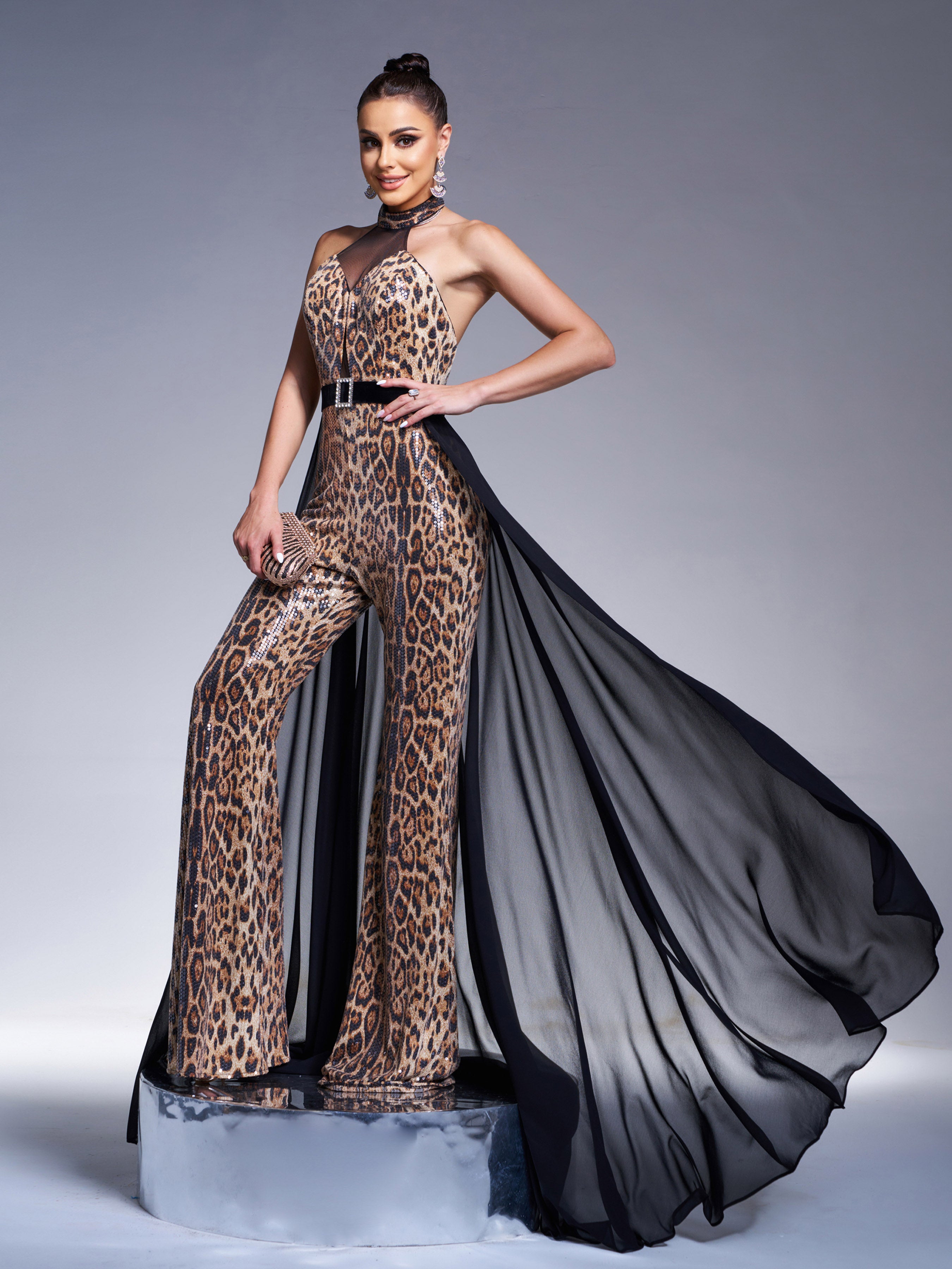 Backless Mesh Cape Leopard Jumpsuits DH80220