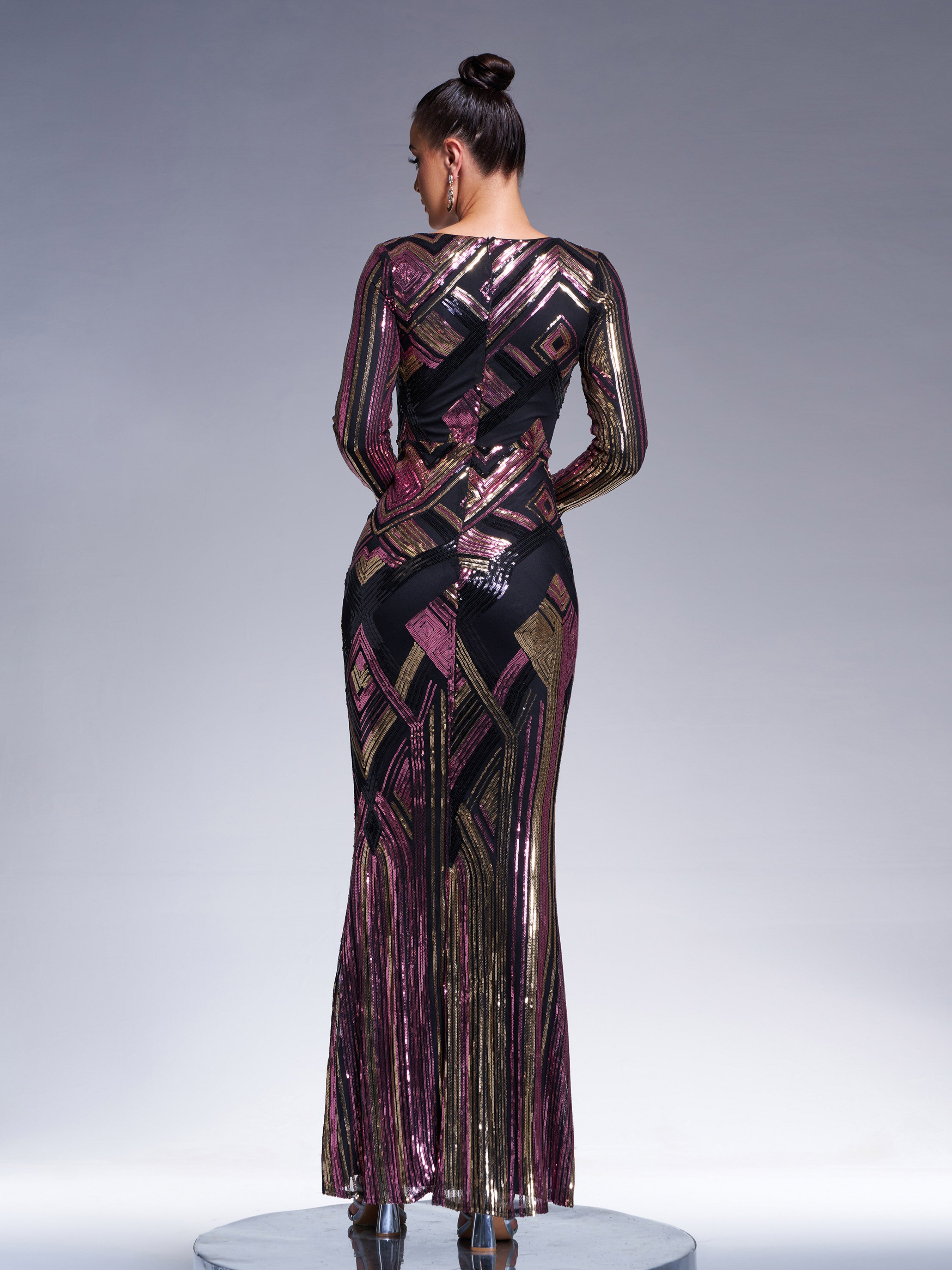 V Neck Geometric Sequin Mermaid Evening Dress XJ1793