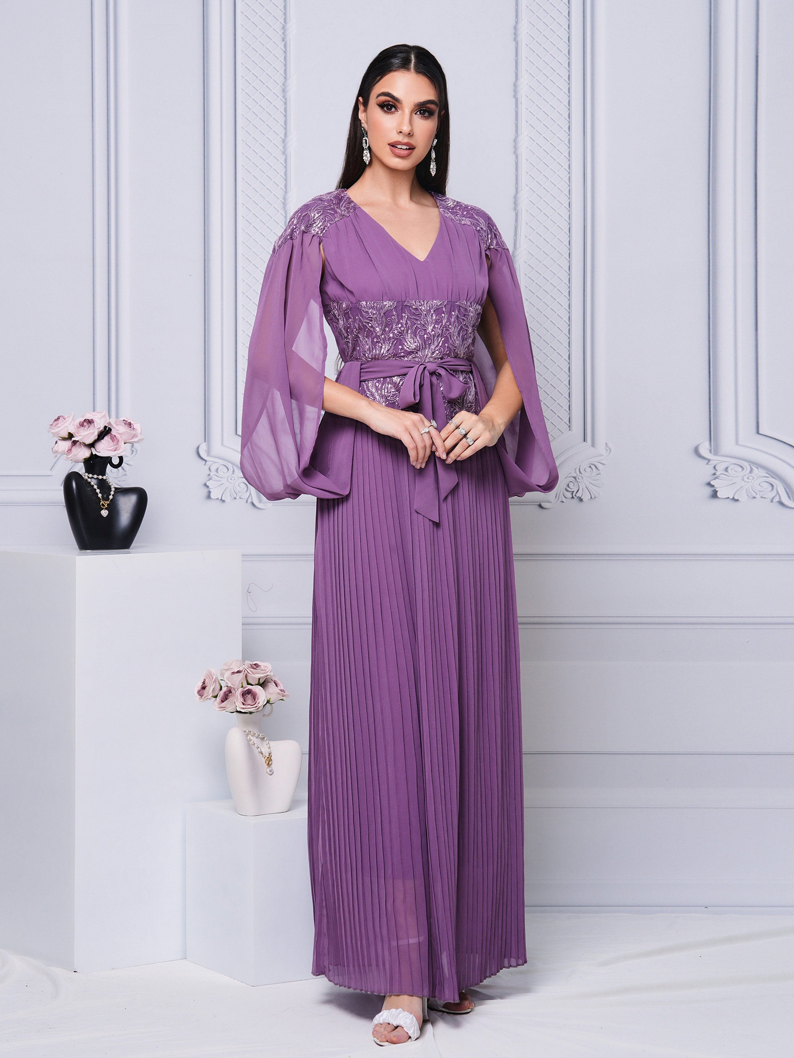 V-neck Panel Embodied Fold A-line Dress MES00445