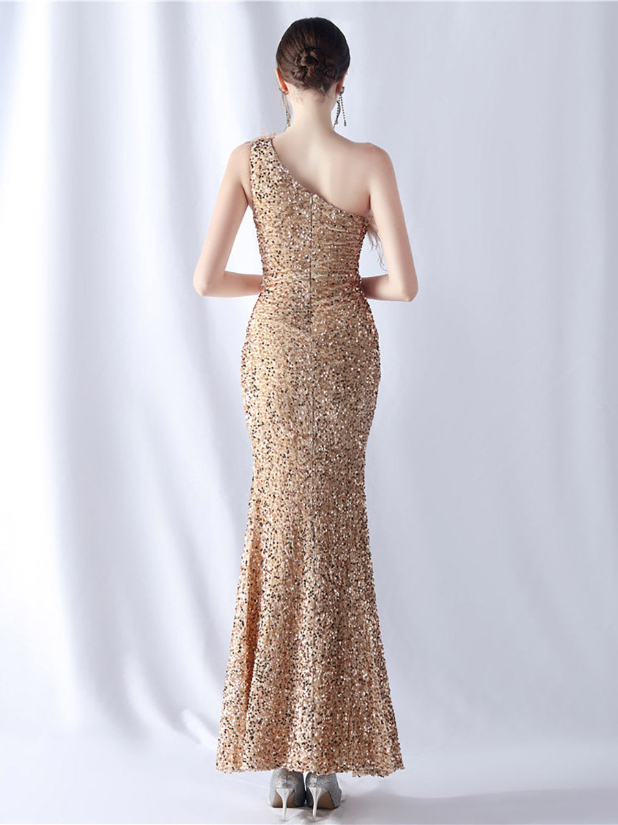 One Shoulder Sequin Feather Cocktail Dress MCW0918