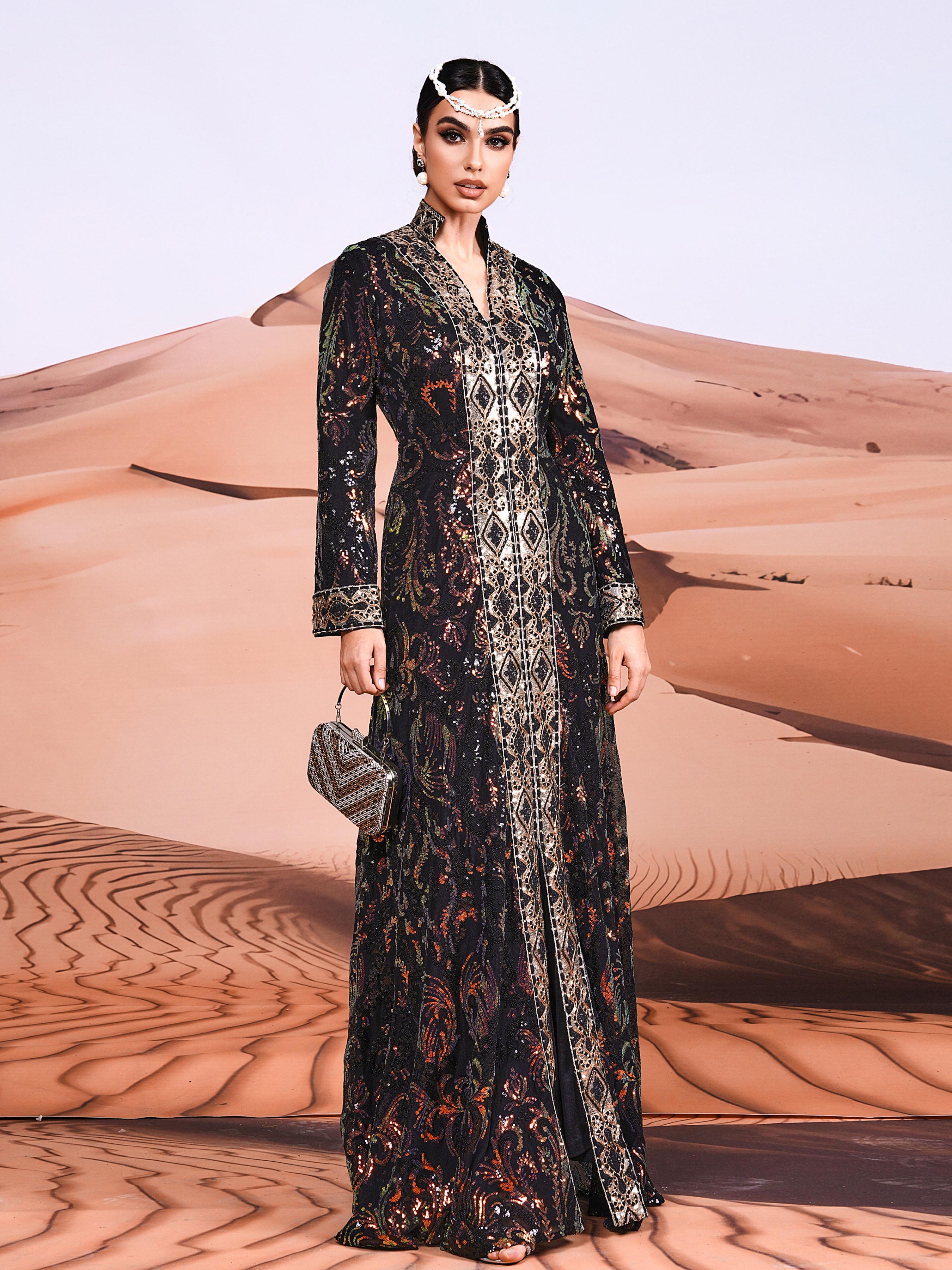 Vintage Sequin Split Black Maxi Dress MES00368