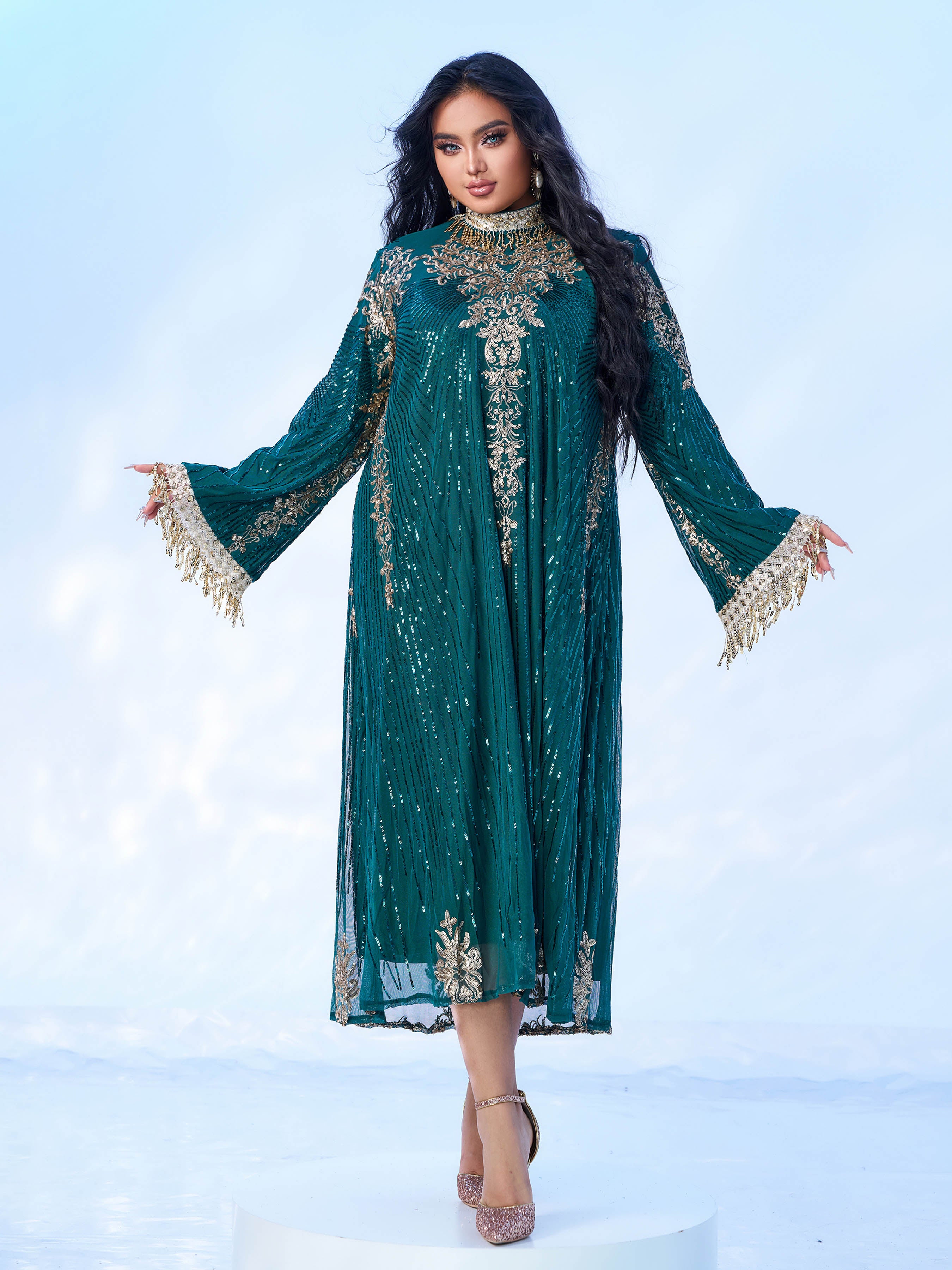 Plus Long Sleeve Sequin Midi Dress PMES00344