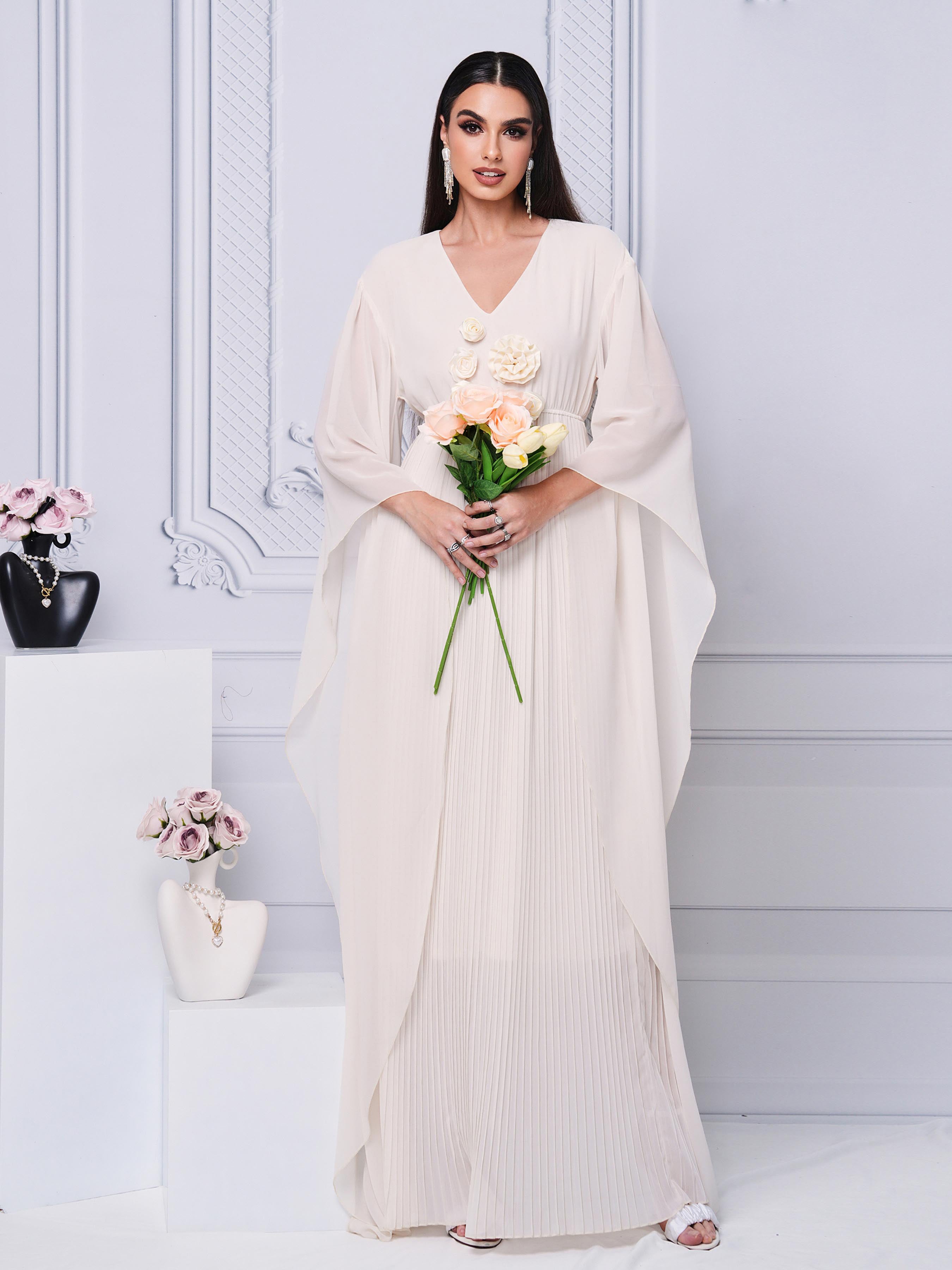 Applique V-neck Irregular Sleeve A-line Dress MES00444