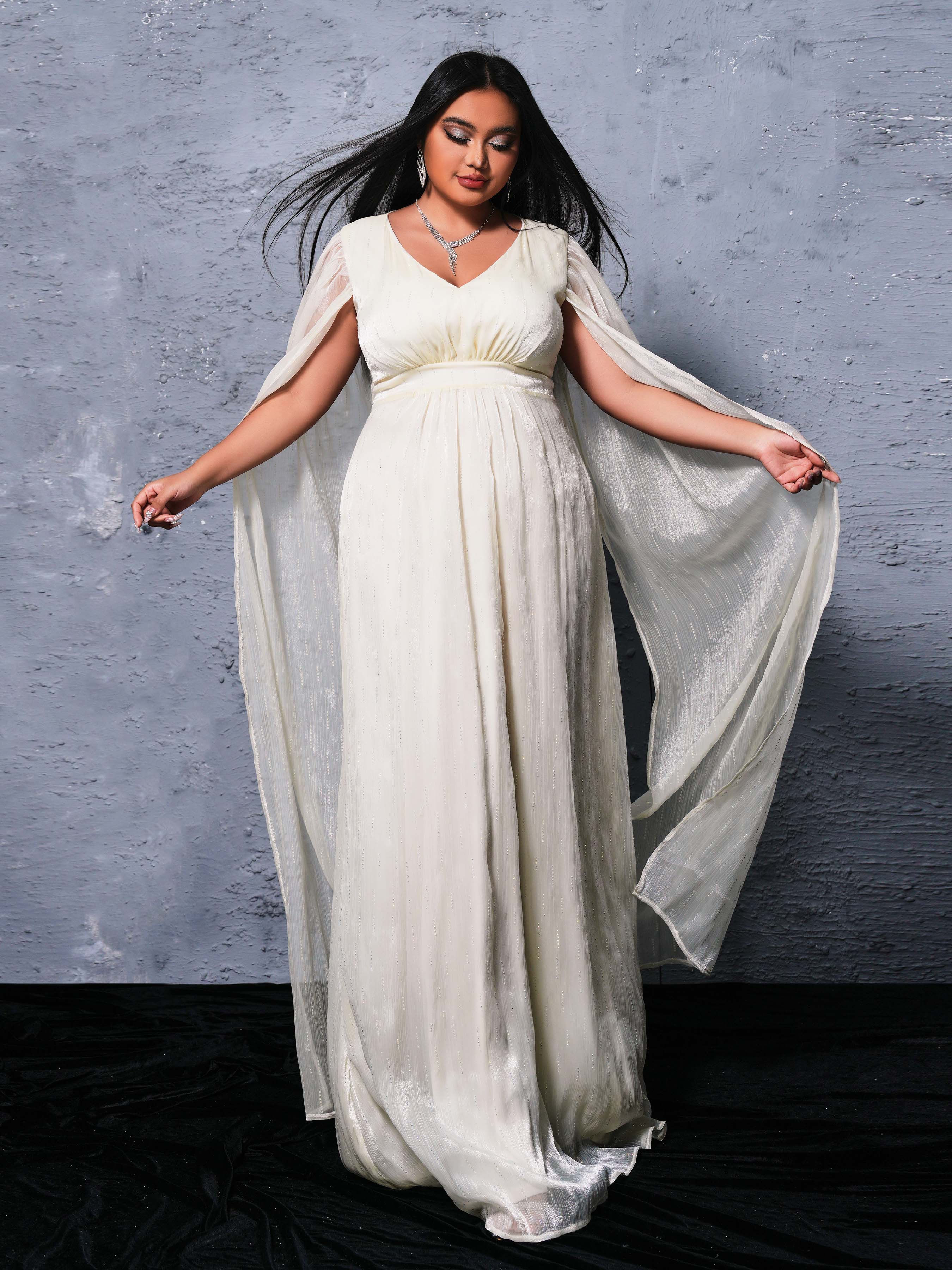 Plus Cape Sleeve A-line Organza Dress PRX70116