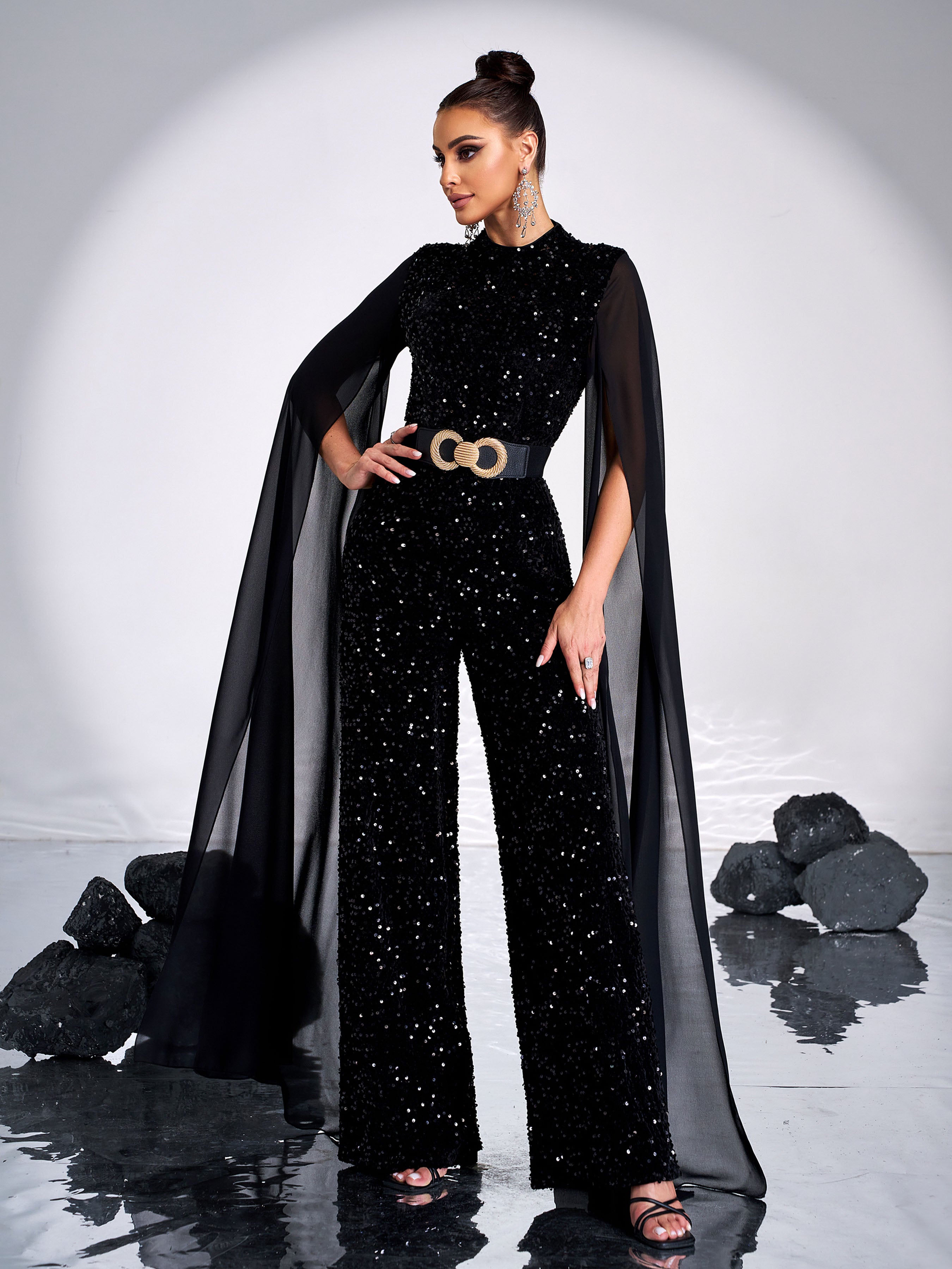 Mesh Sleeve Glitter Black Jumpsuits GM00624