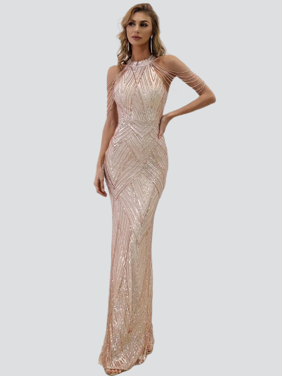 Cold Shoulder Beads Chain Cocktail Dress M01081