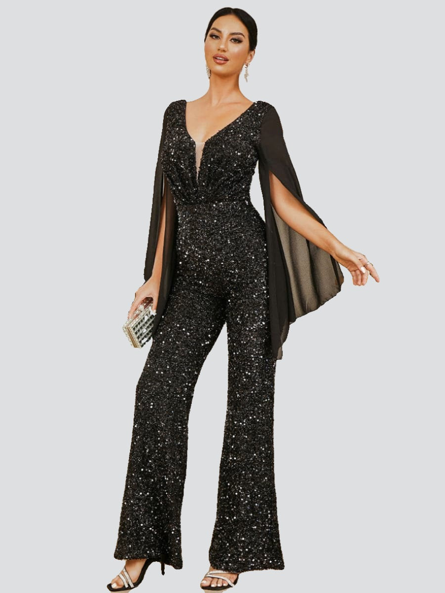 V-Neck Glitter Mesh Sleeve Jumpsuits RJ10086