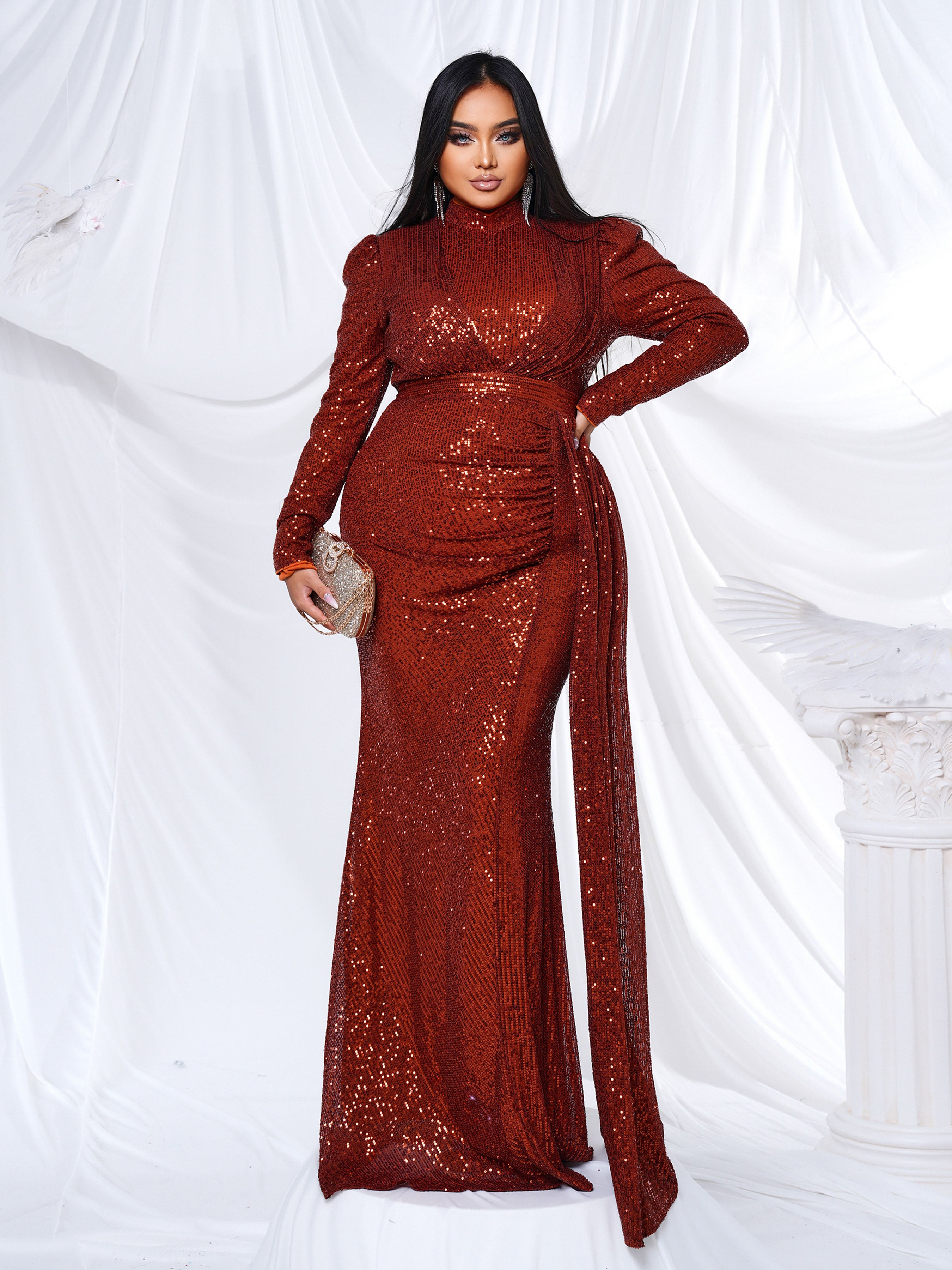 Plus Full Cover Ribbon Sequin Dress PRJ11834