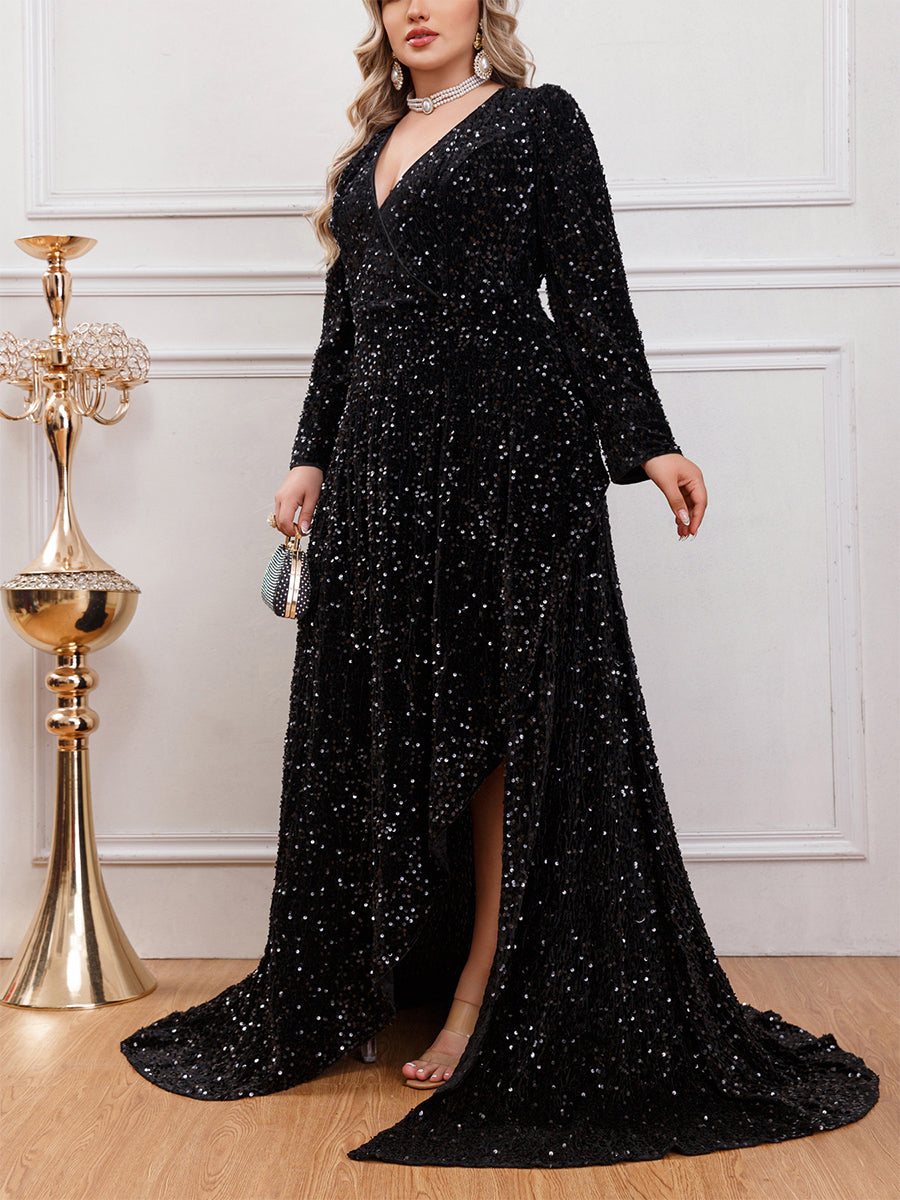 Plus Wrap Glitter A-line Prom Dress MCW1099