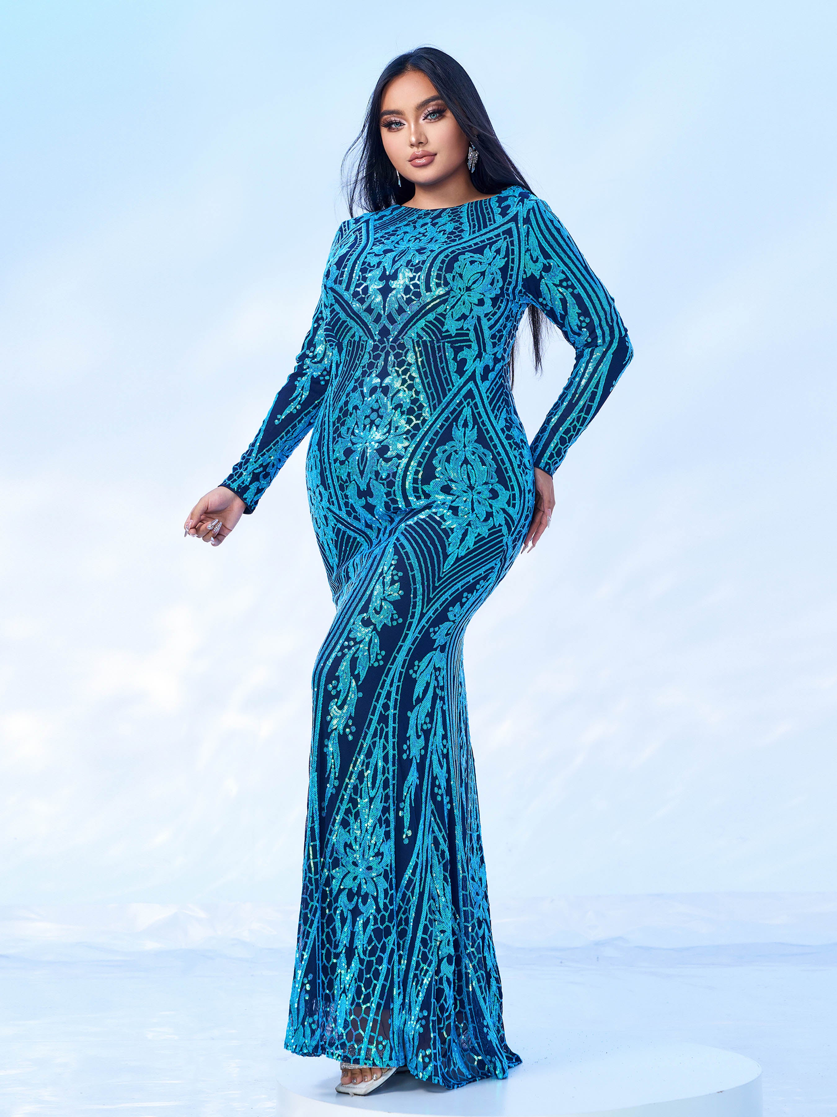 Plus Lace Back Sequin Formal Dress PRJ11849