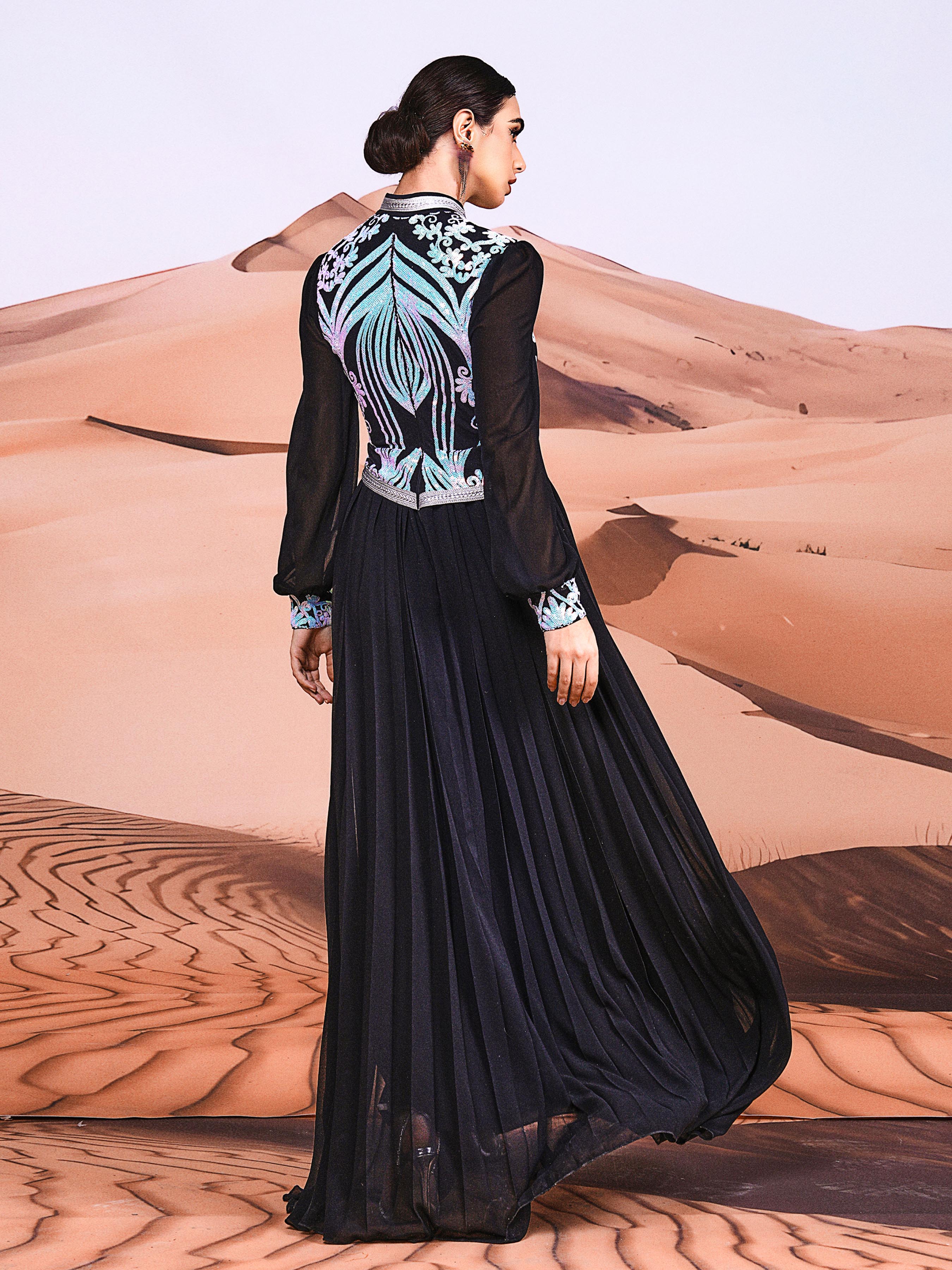 Long Sleeve A-line Pleated Tulle Dress MES00388