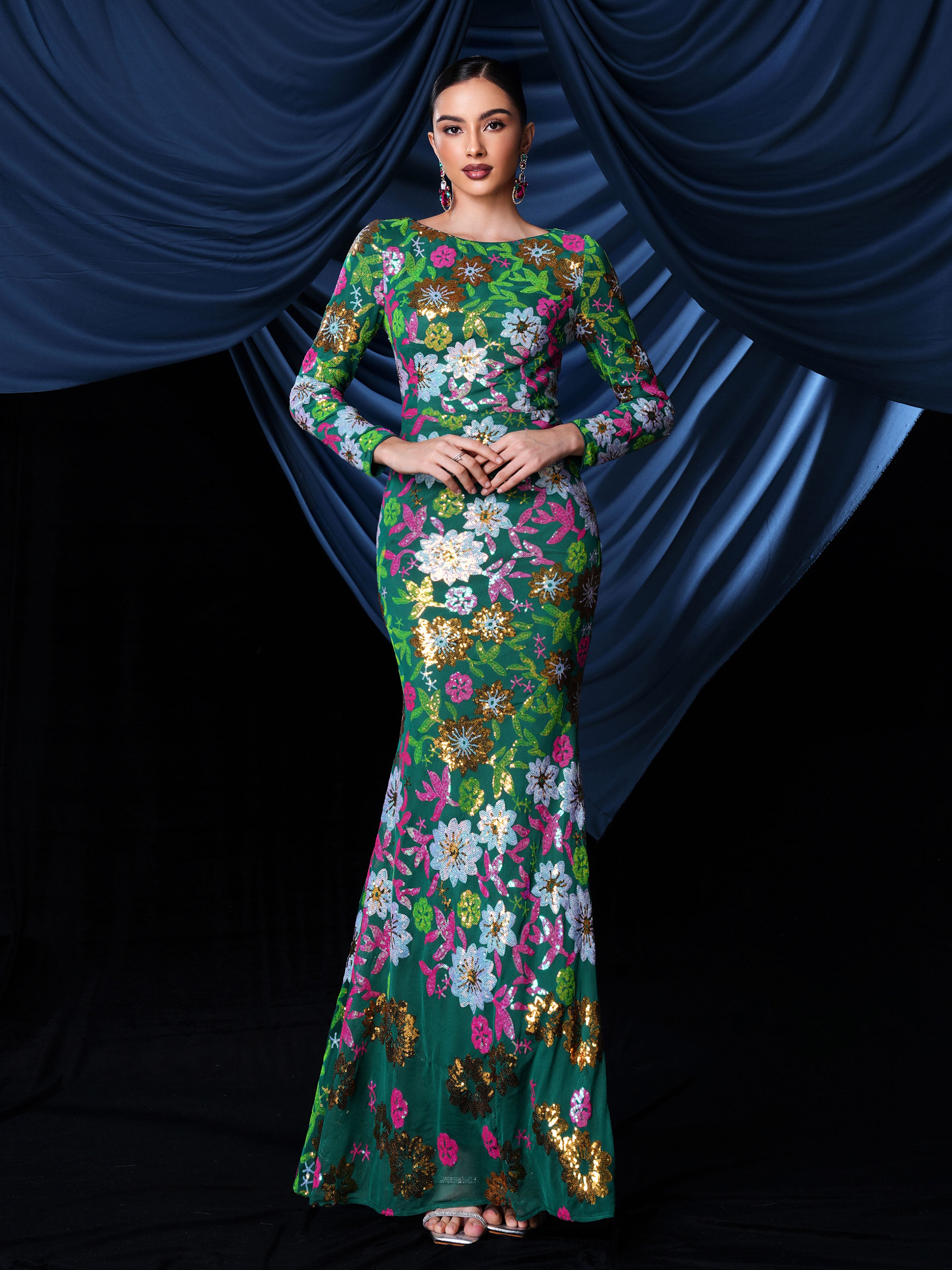 Crew Neck Floral Sequin Dress RJ10987