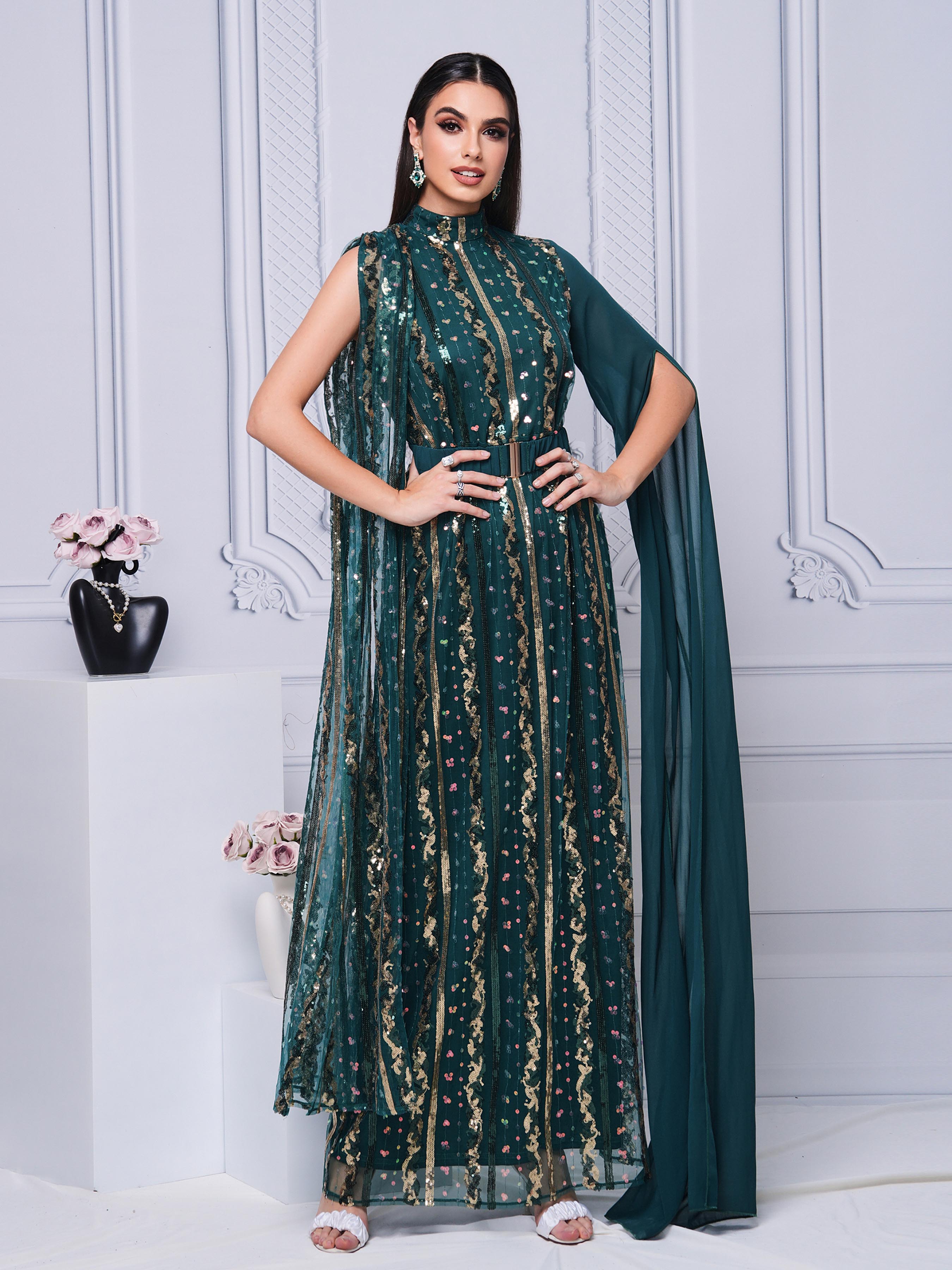 Stand Collar Belt Panel Sequin Dress MES00359