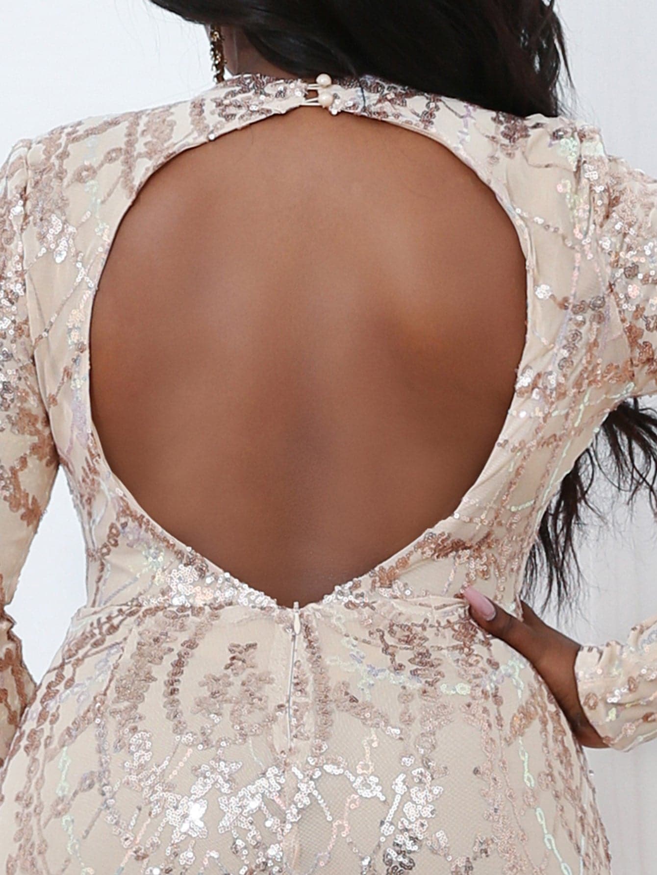 Plus Size Cutout Long Sleeve Sequin Dress PXH1271