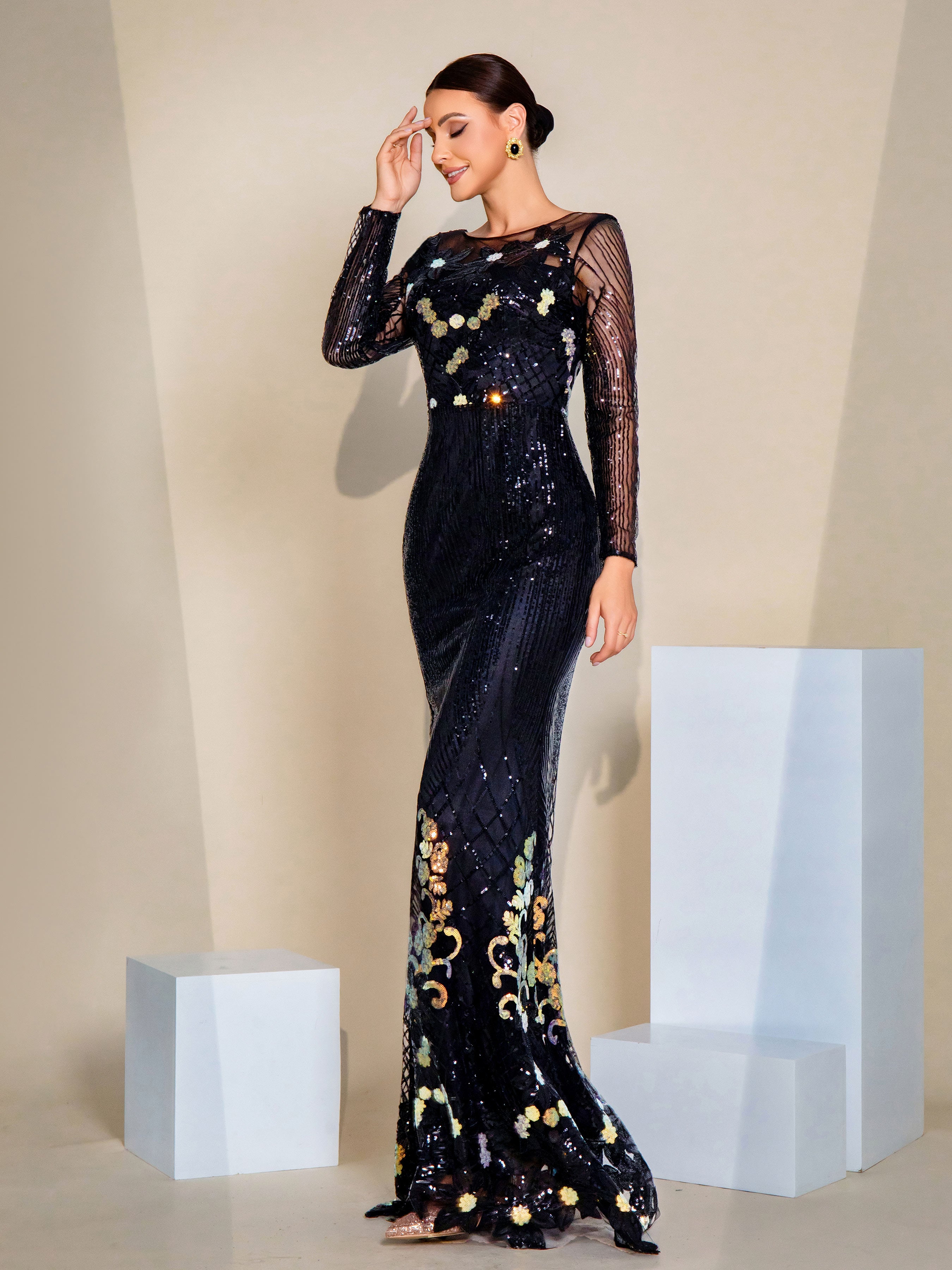 Floral Sequin Balck Mermaid Evening Dress GM00451