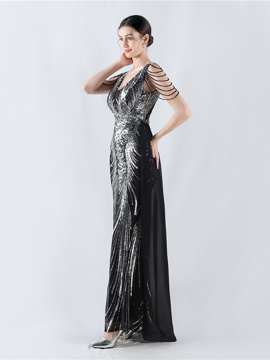 Sequin Beads Chain Cape Prom Dress MCW1142