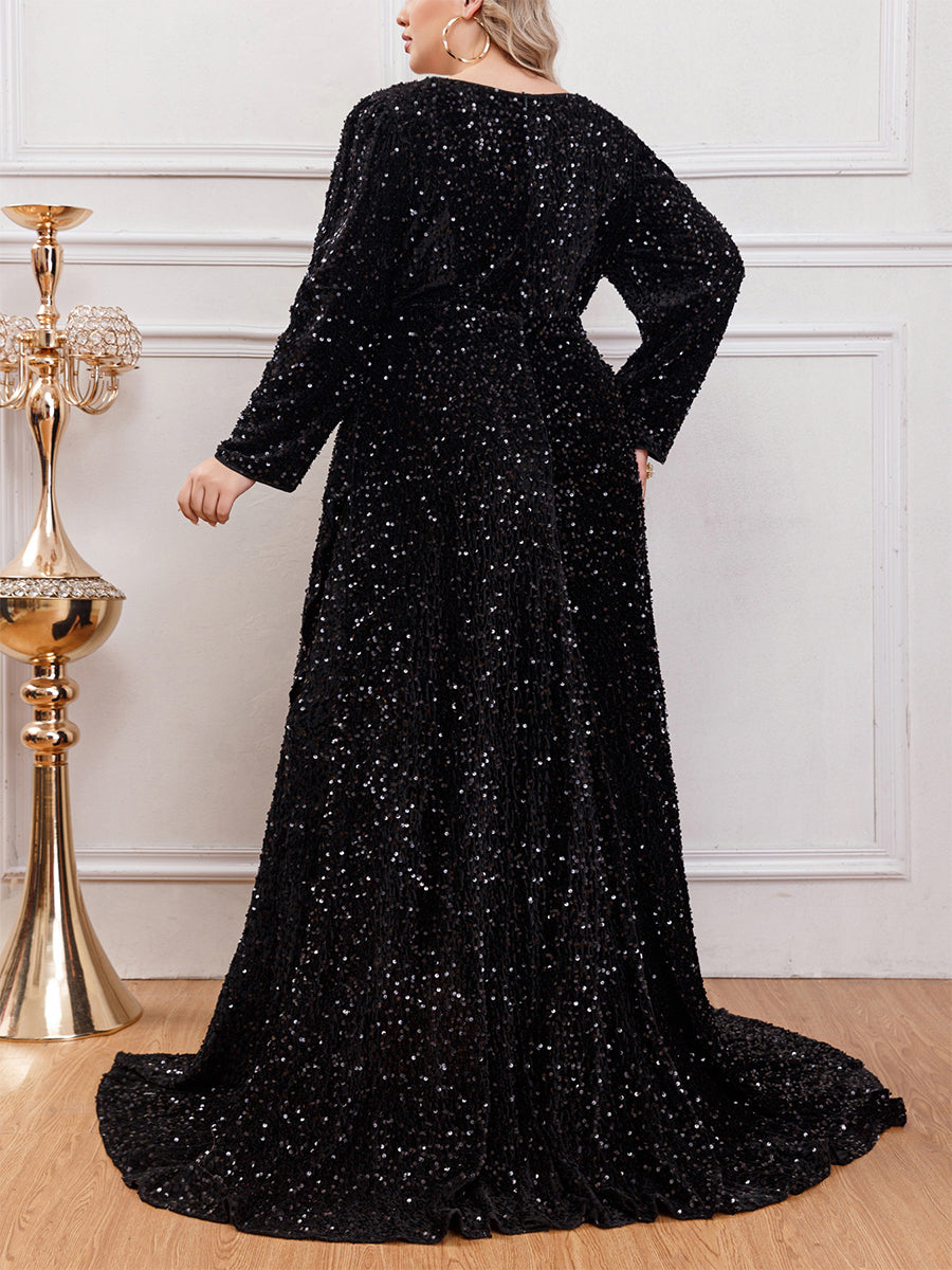 Plus Wrap Glitter A-line Prom Dress MCW1099