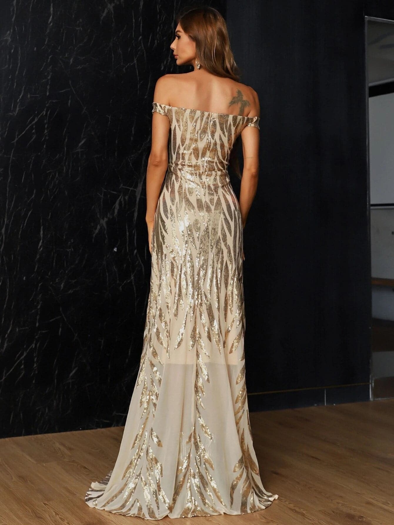 Off Shoulder Mesh Sequin Prom Dress M0709