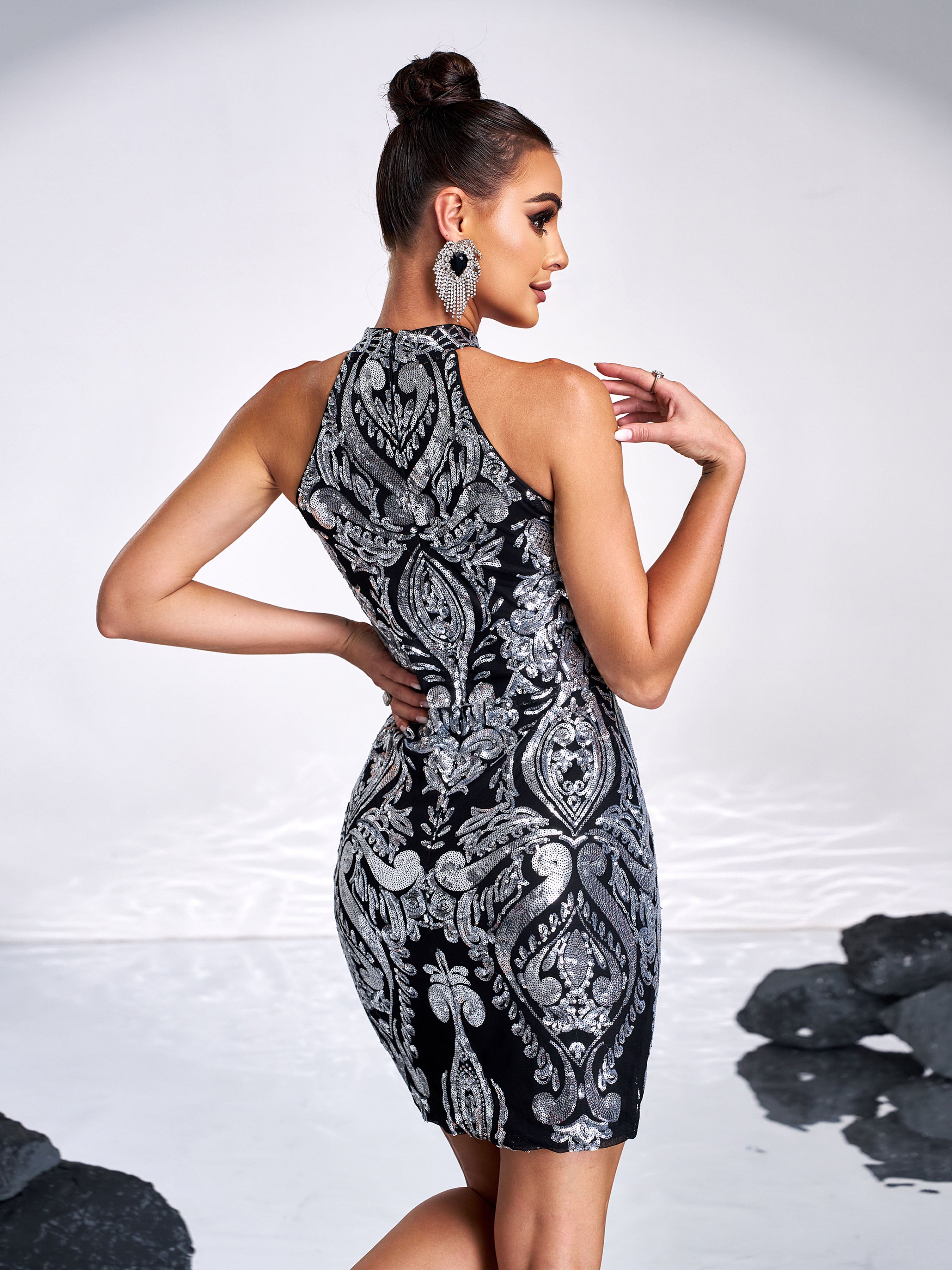 Halterneck Damask Sequin Bodycon Mini Dress FT19757