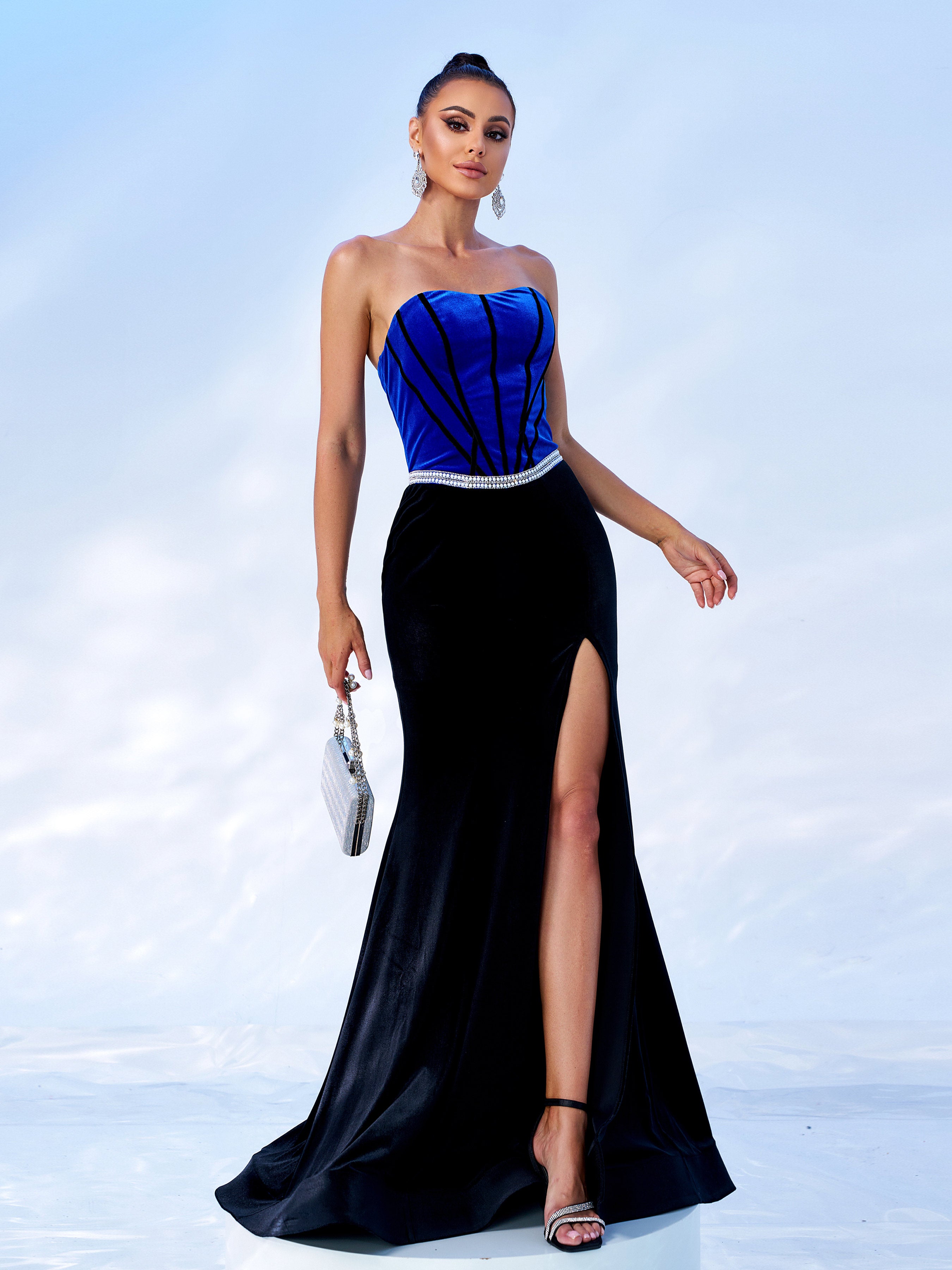 Tie Back Velvet Strapless Formal Dress DH80140