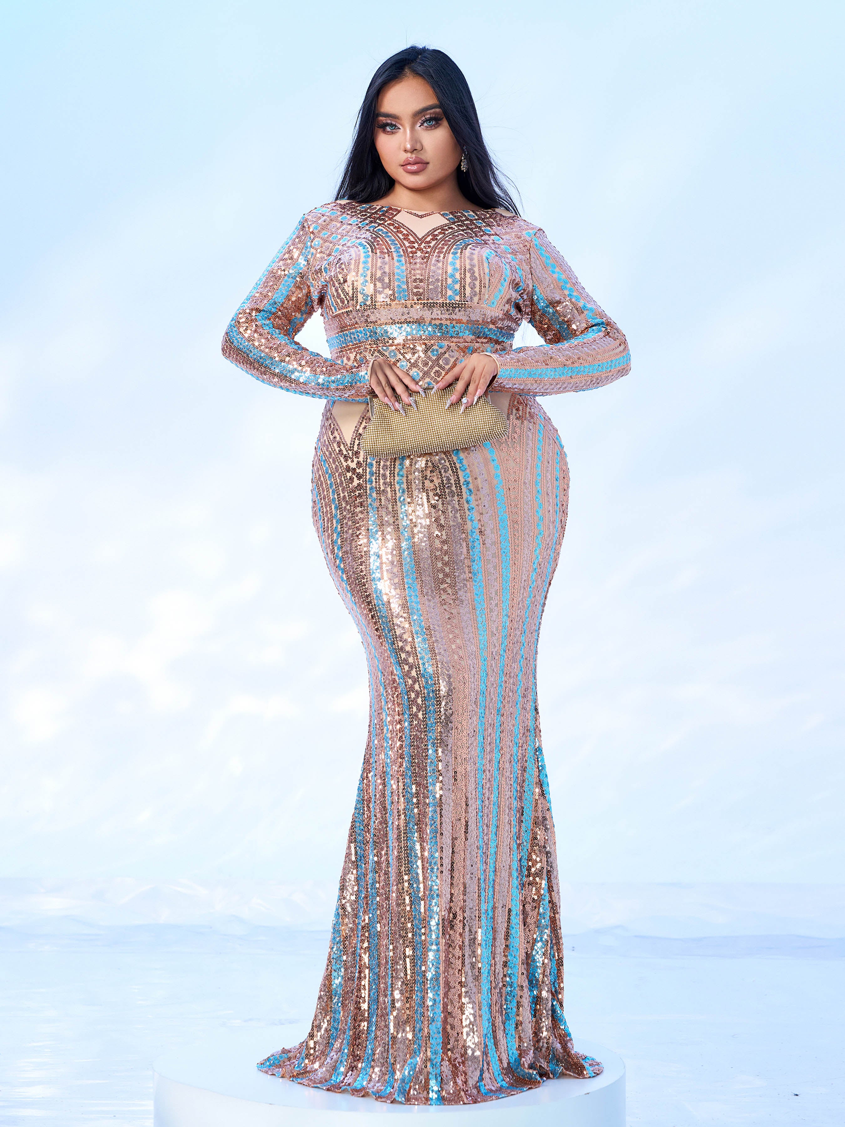 Backless Crew Neck Rosegold Sequin Dress RJ10456