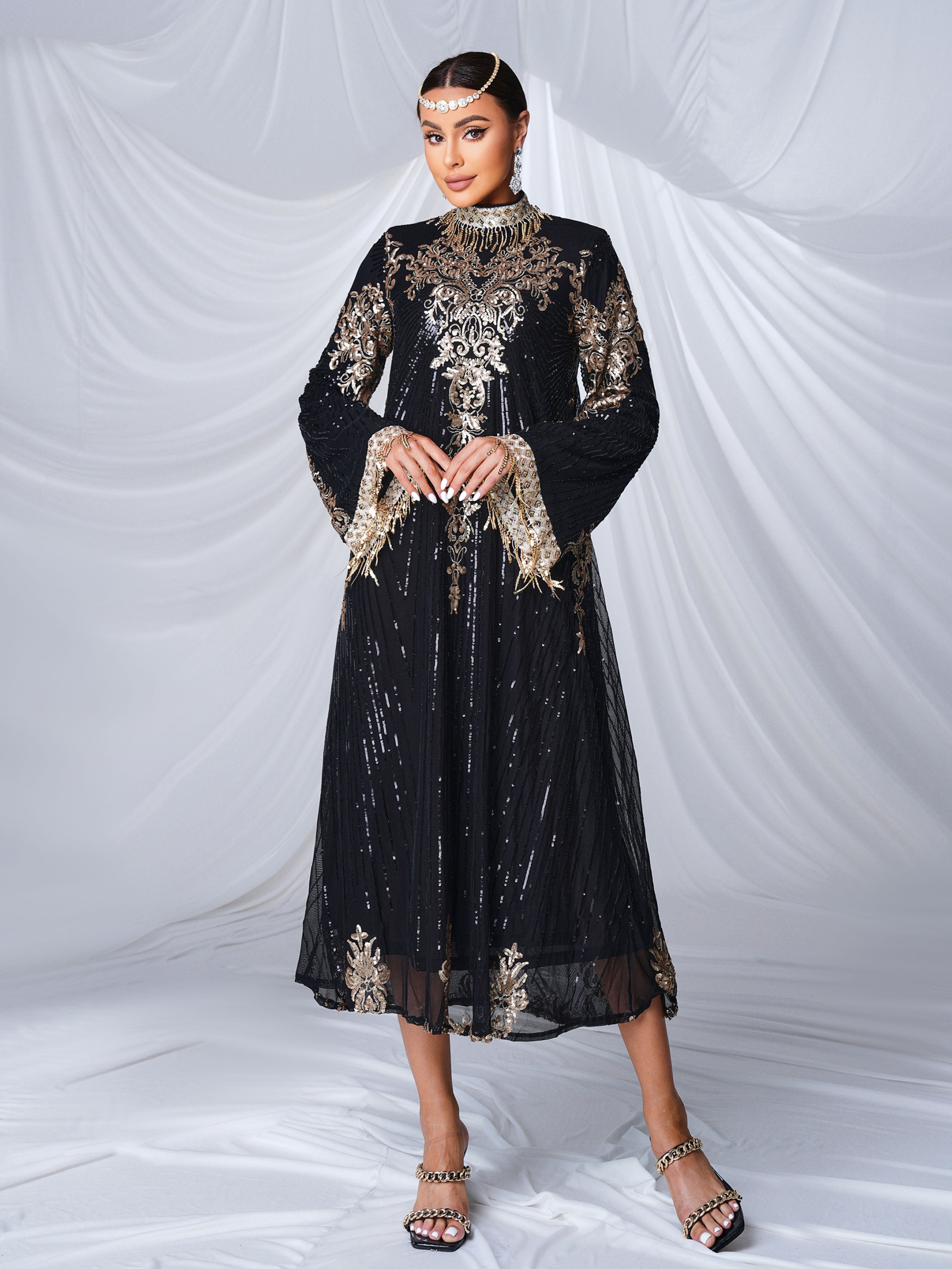 Stand Collar Bell Sleeve Sequin Dress MES00344