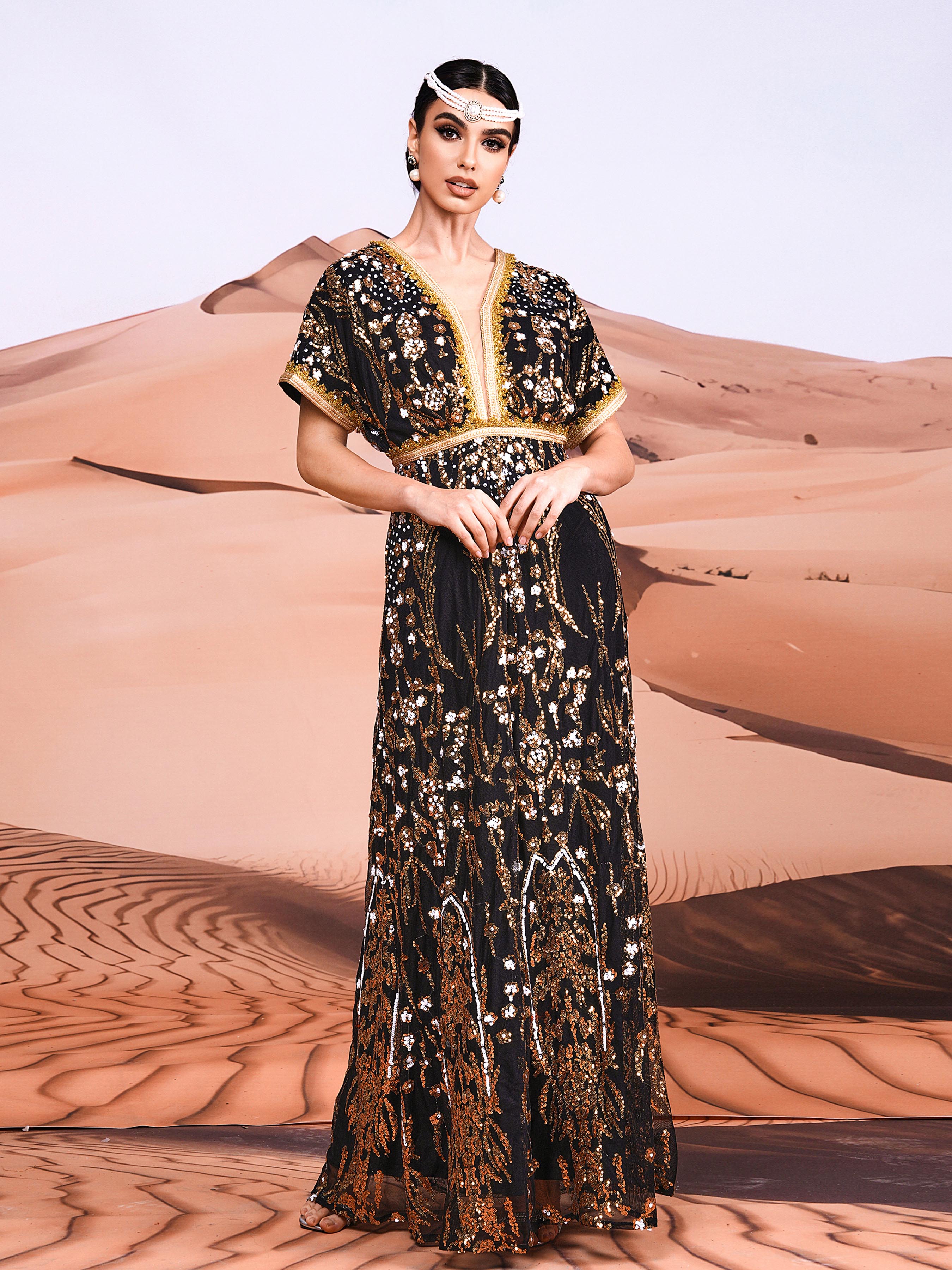 Short Sleeve A-Line Sequin Maxi Dress MES00405