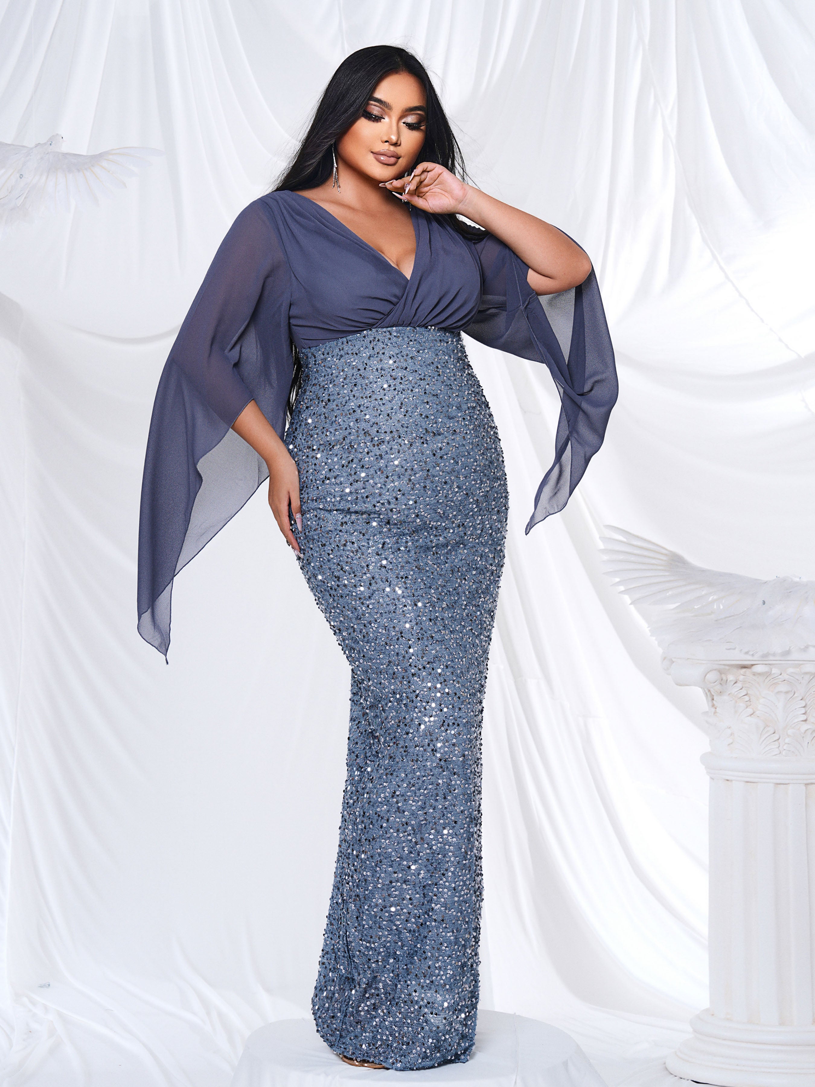 Plus Cross Cover Top Sequin Prom Dress PXH2139