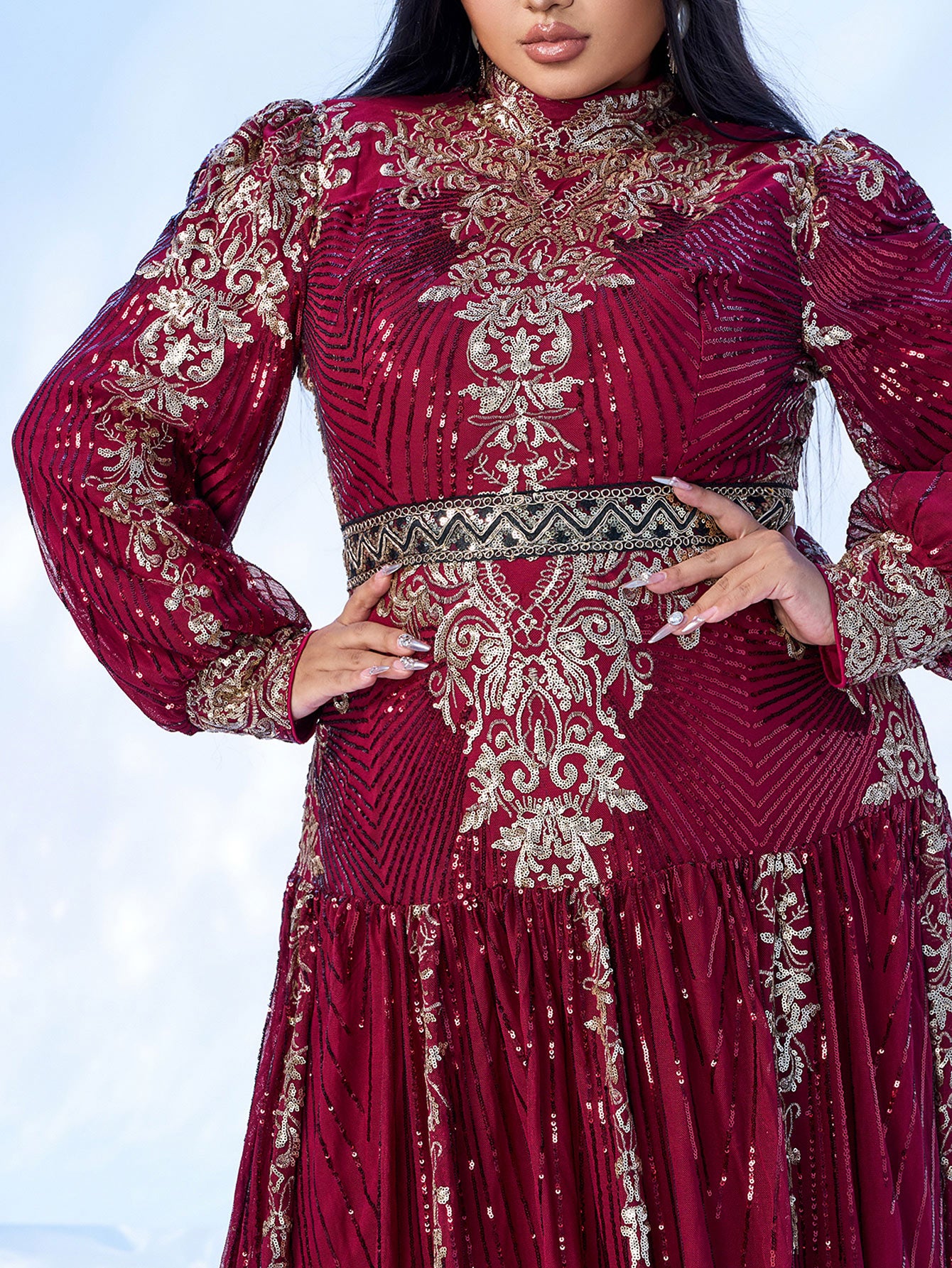 Plus Stand Collar Sequin A-line Dress PMES00341