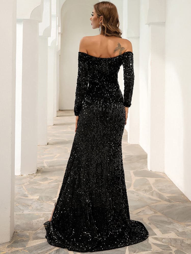 Off Shoulder Mesh Insert Split Sequin Prom Dress M0806