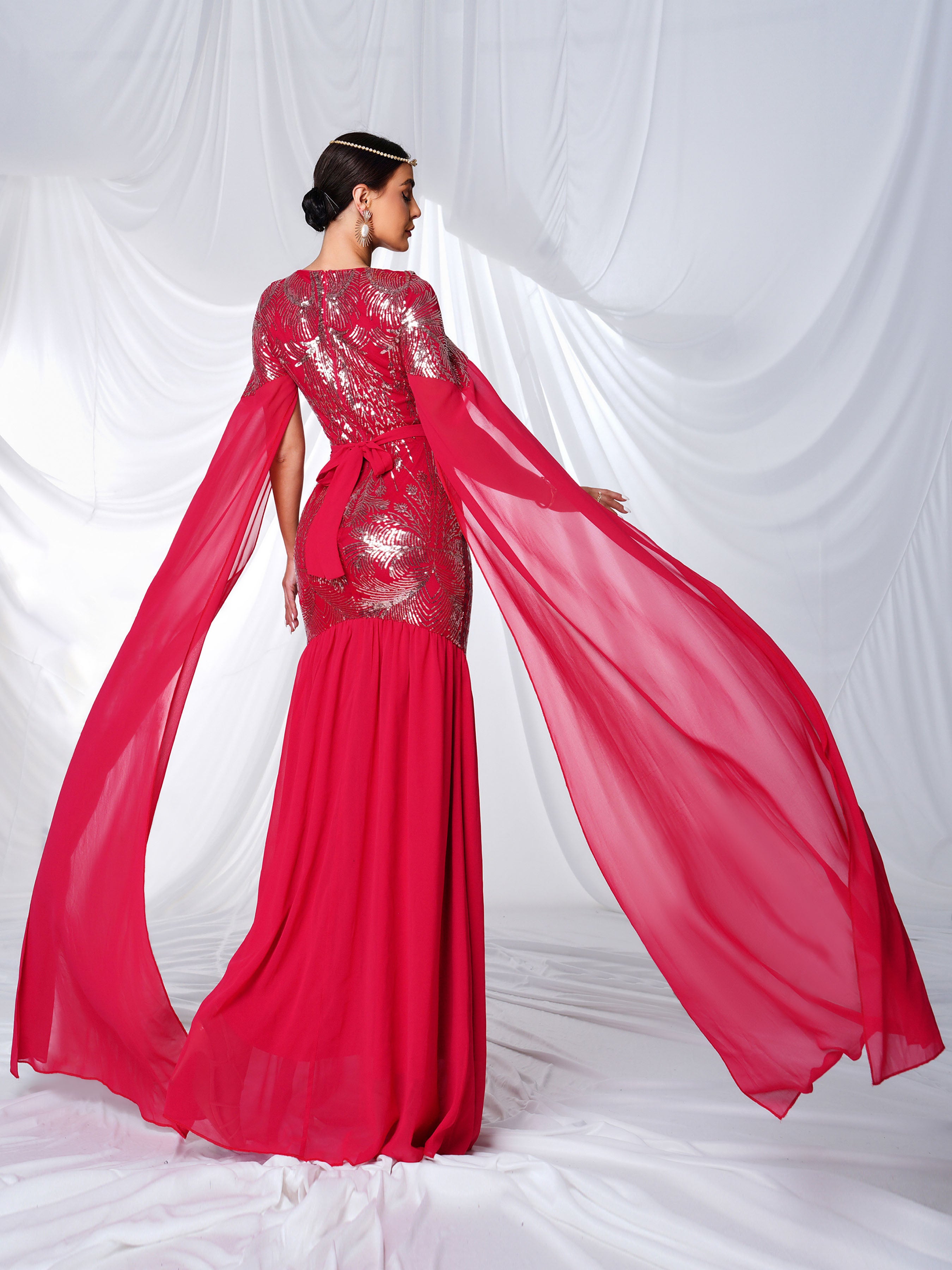 Cape Sleeve Belt Sequin Panel Dress MES00430