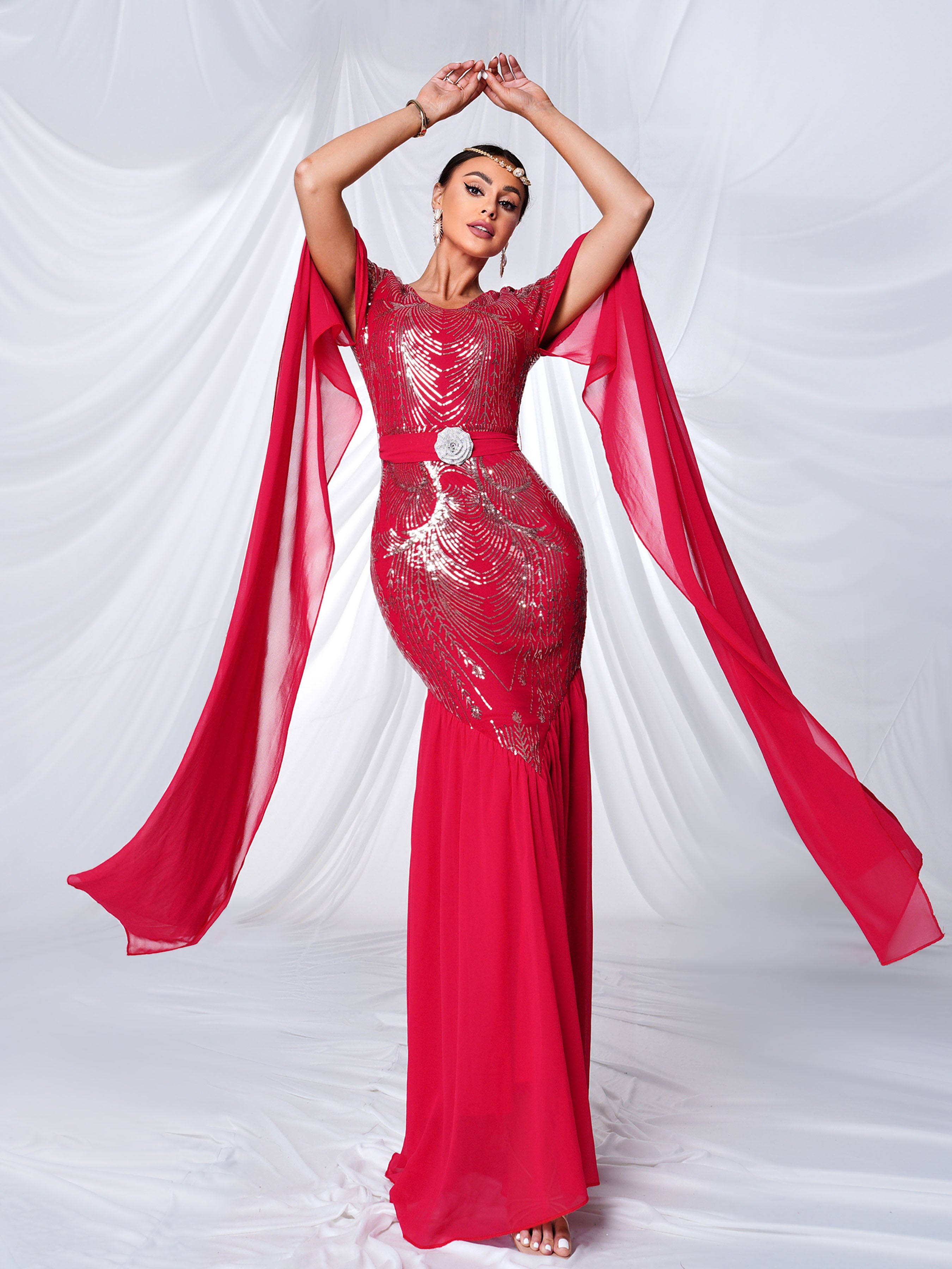 Cape Sleeve Belt Sequin Panel Dress MES00430