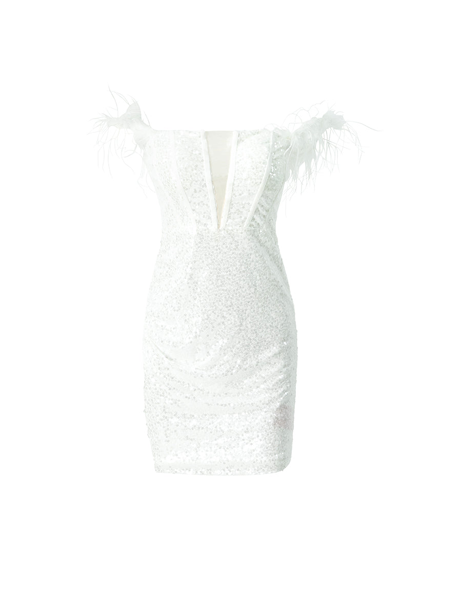 Off-Shoulder Feather Bodycon Sequin Dress XJ2863