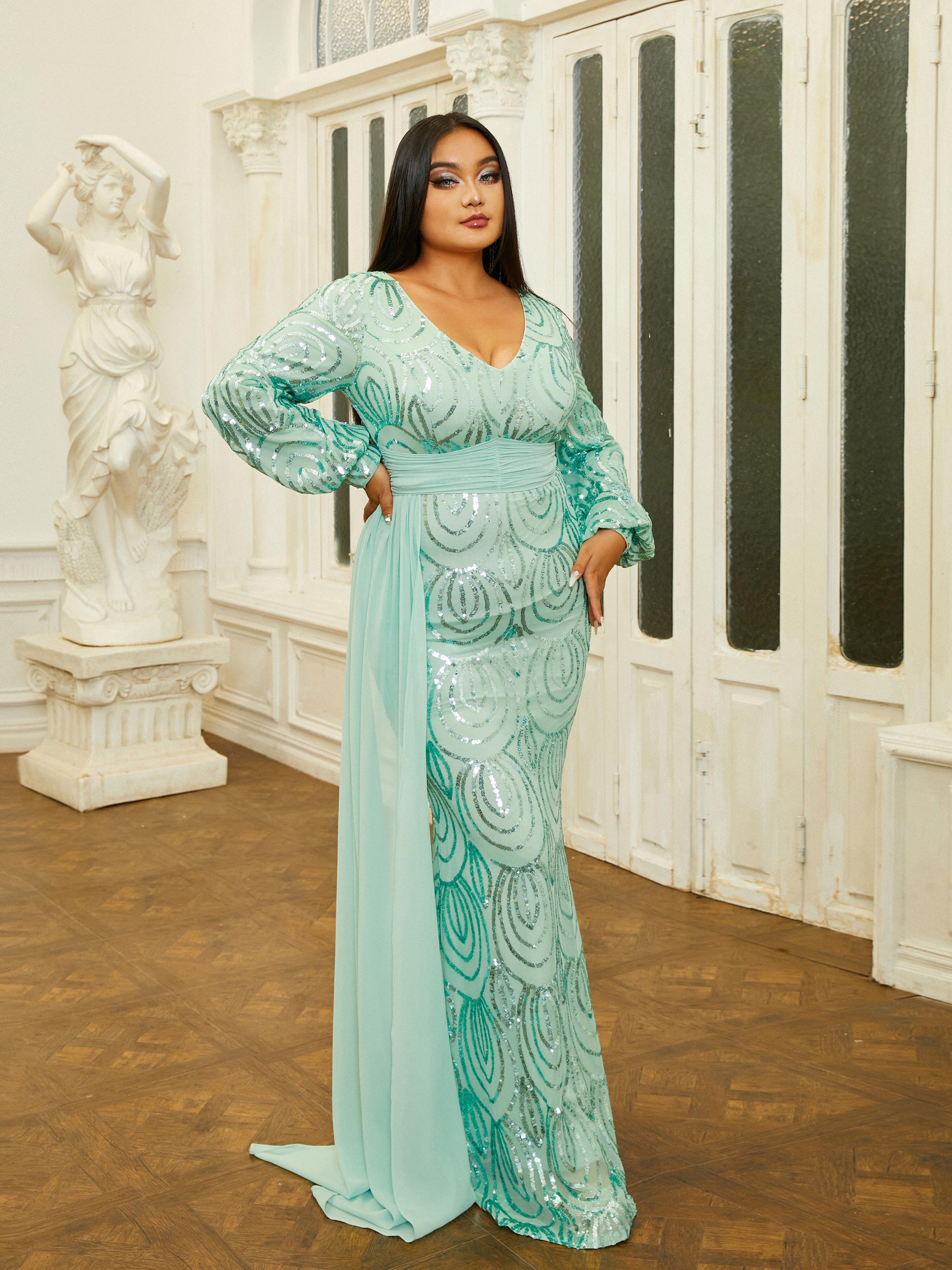 Plus V-Neck Long Sleeve Prom Dress PXJ1524