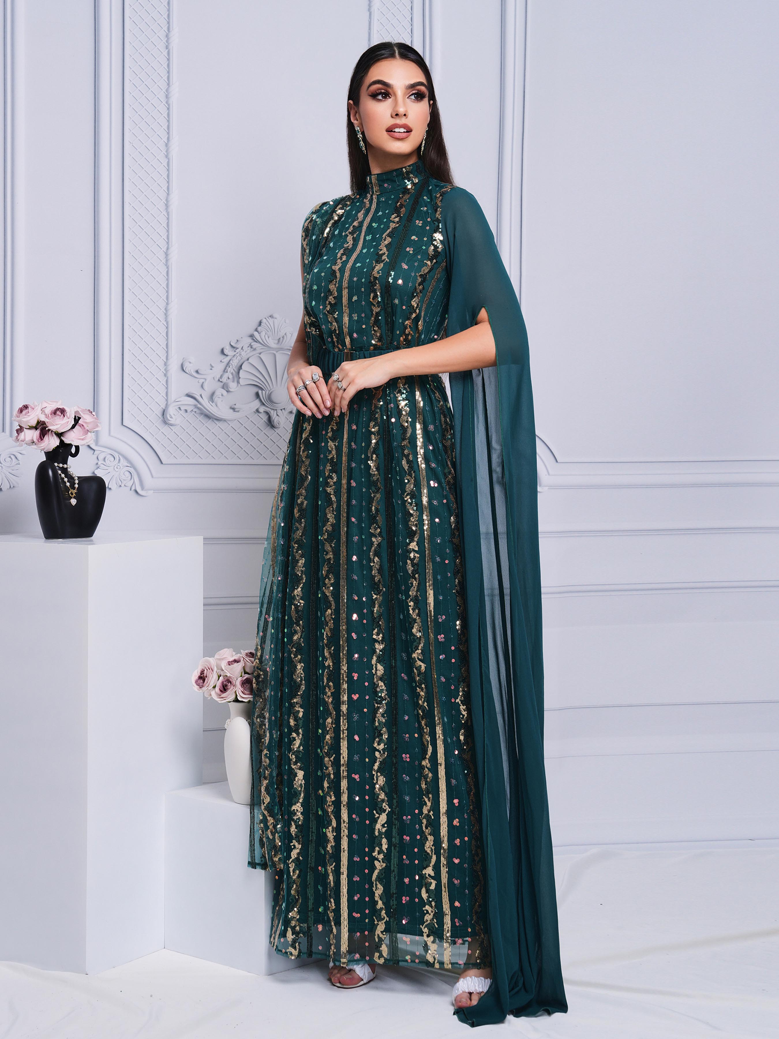 Stand Collar Belt Panel Sequin Dress MES00359