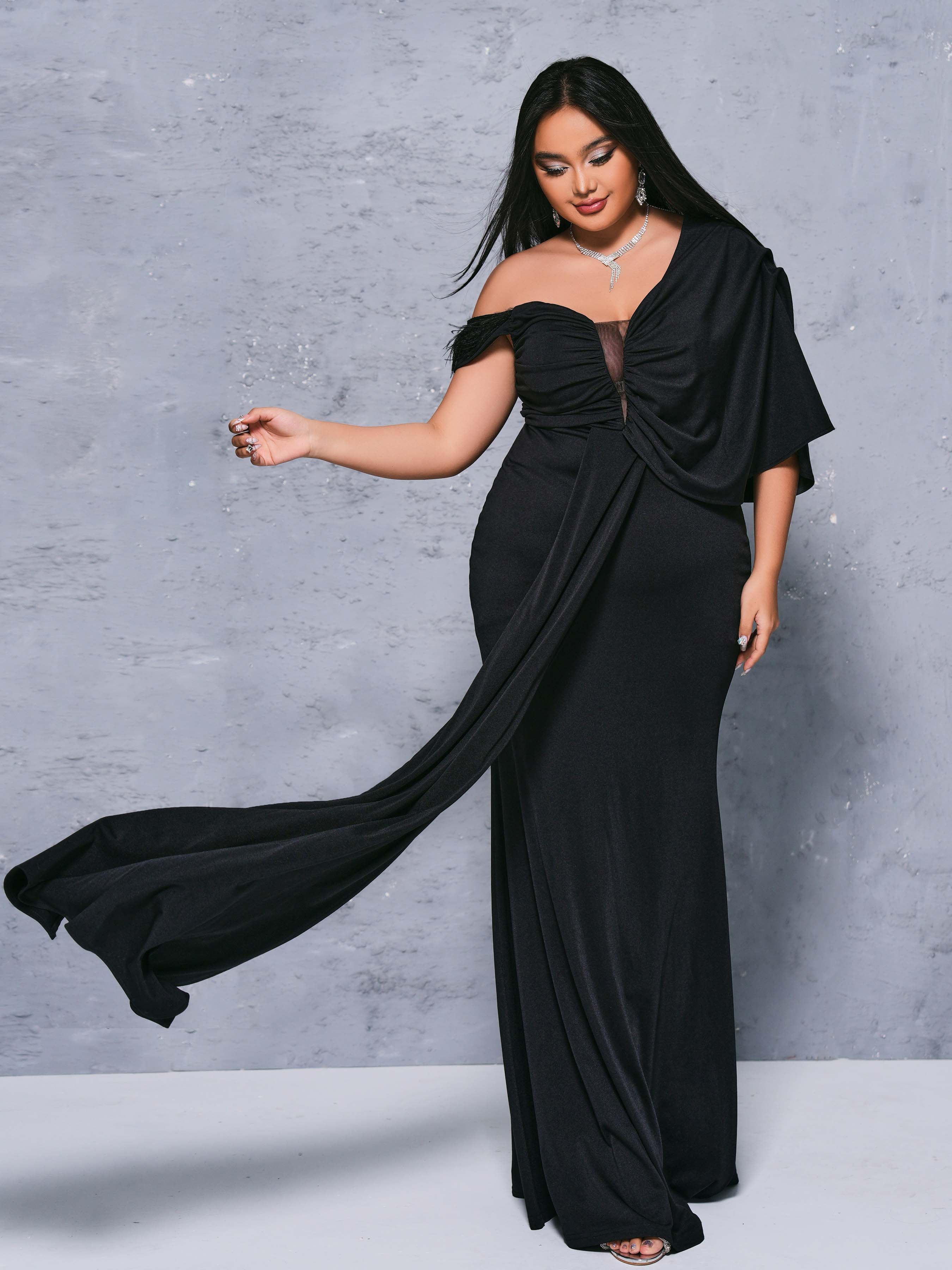 Plus Cutout Feather Ribbon Mermaid Dress PRM20817