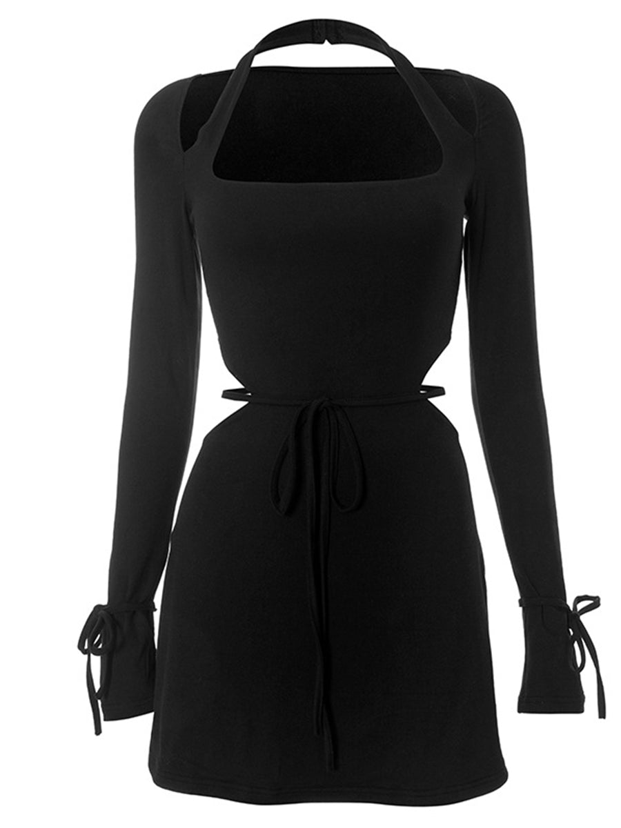 Cutout Halter Long Sleeve Black Mini Dress MCW1215