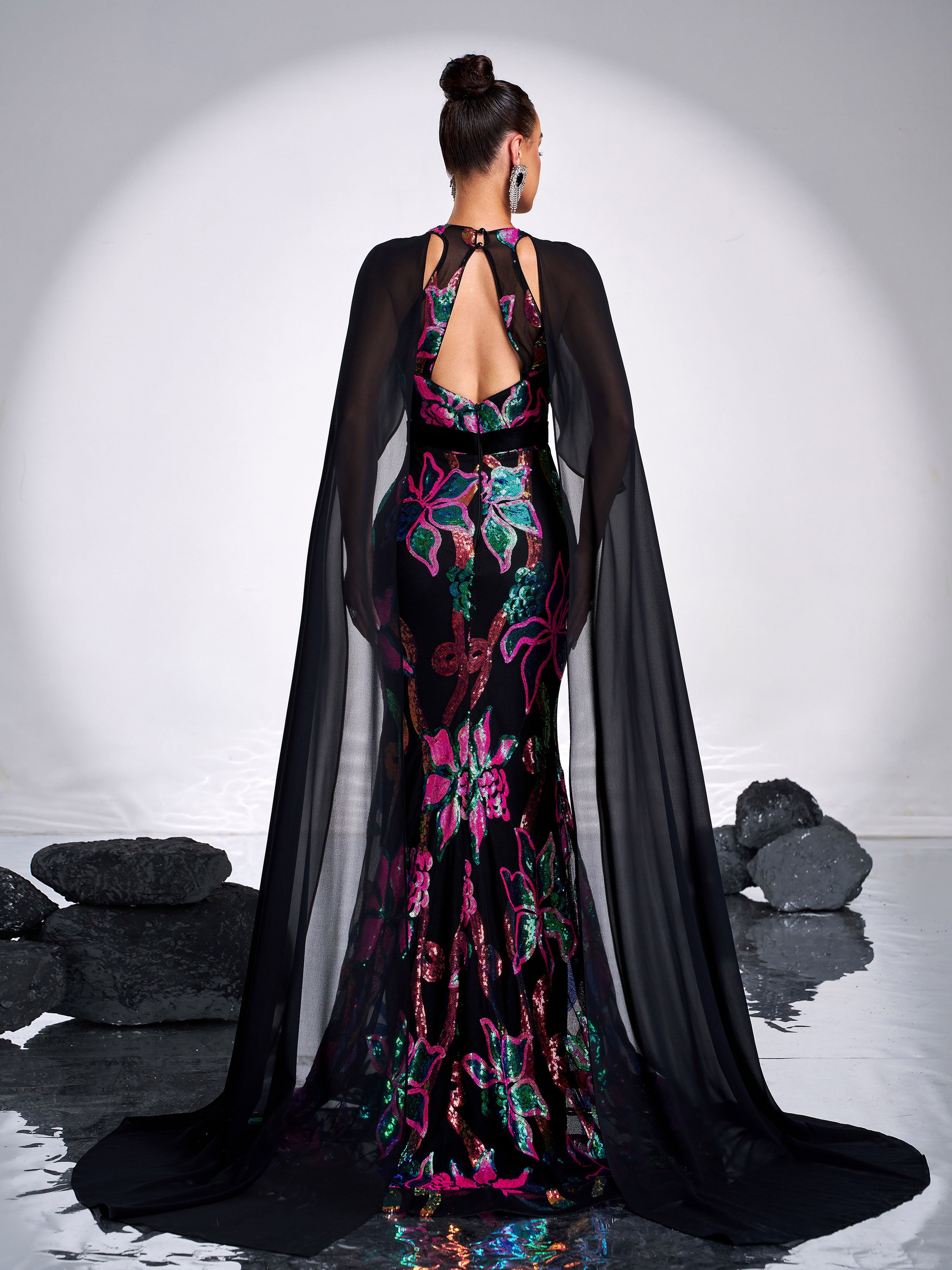 Elegant Round Neck Floral Sequin Mermaid Evening Dress DH80213
