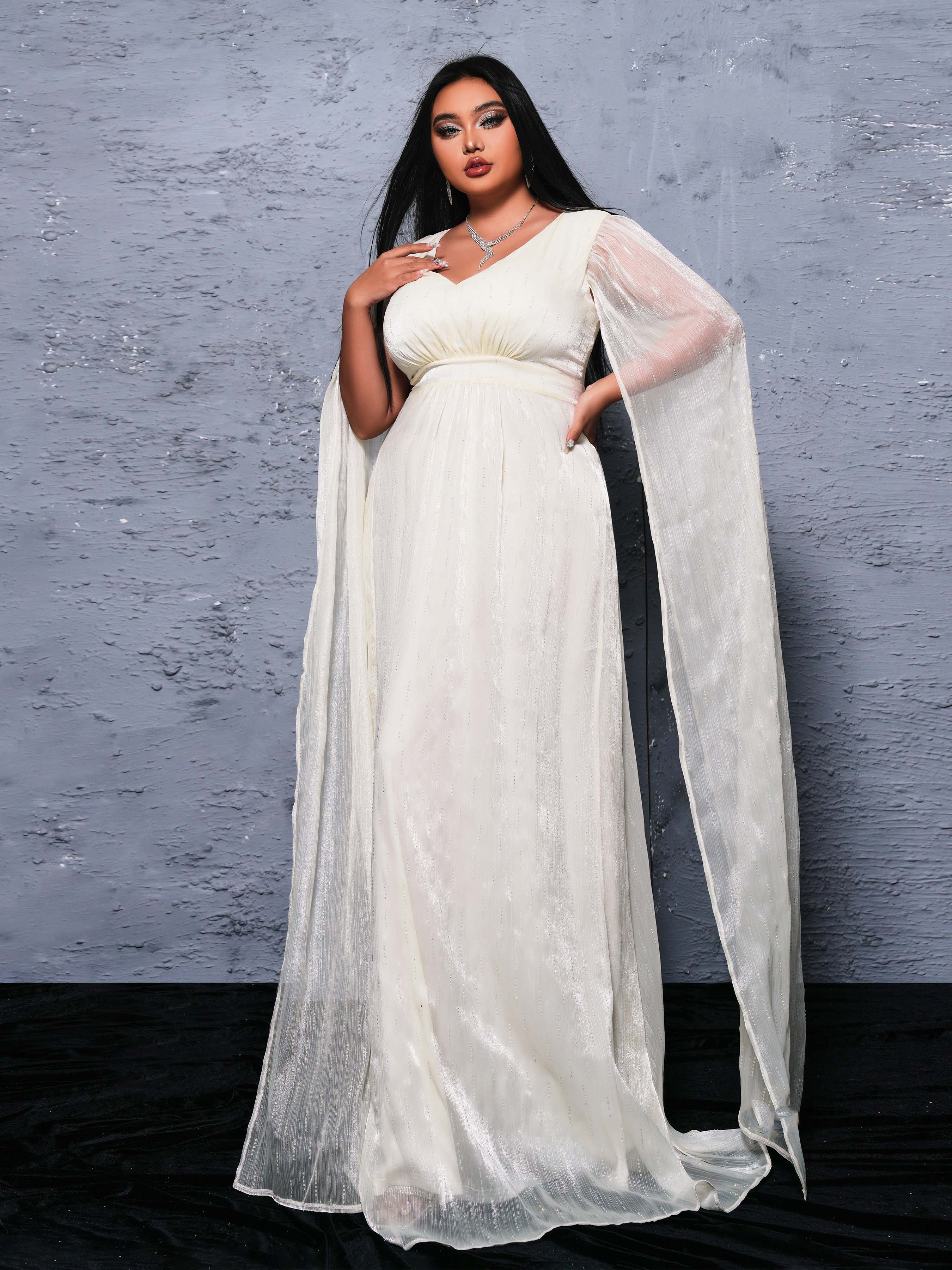 Plus Cape Sleeve A-line Organza Dress PRX70116