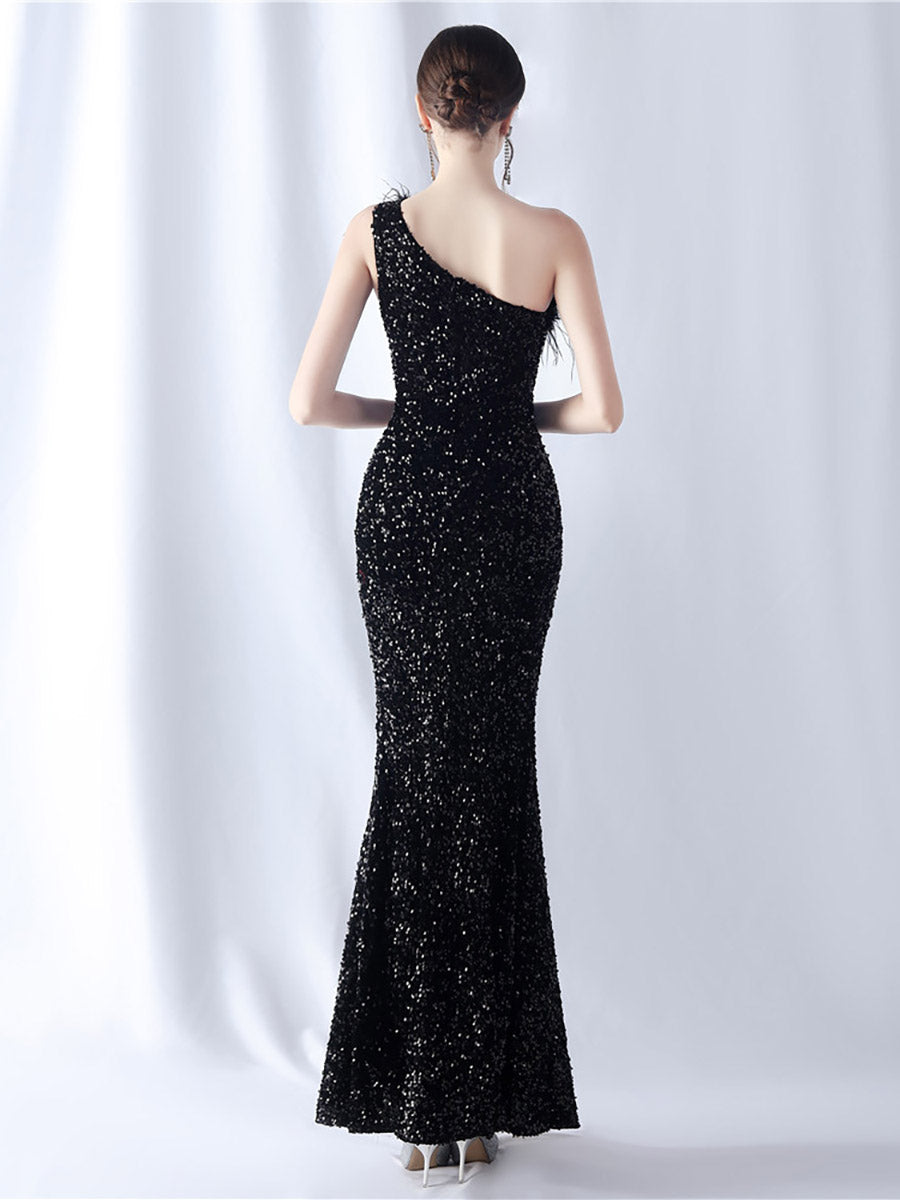 One Shoulder Sequin Feather Cocktail Dress MCW0918
