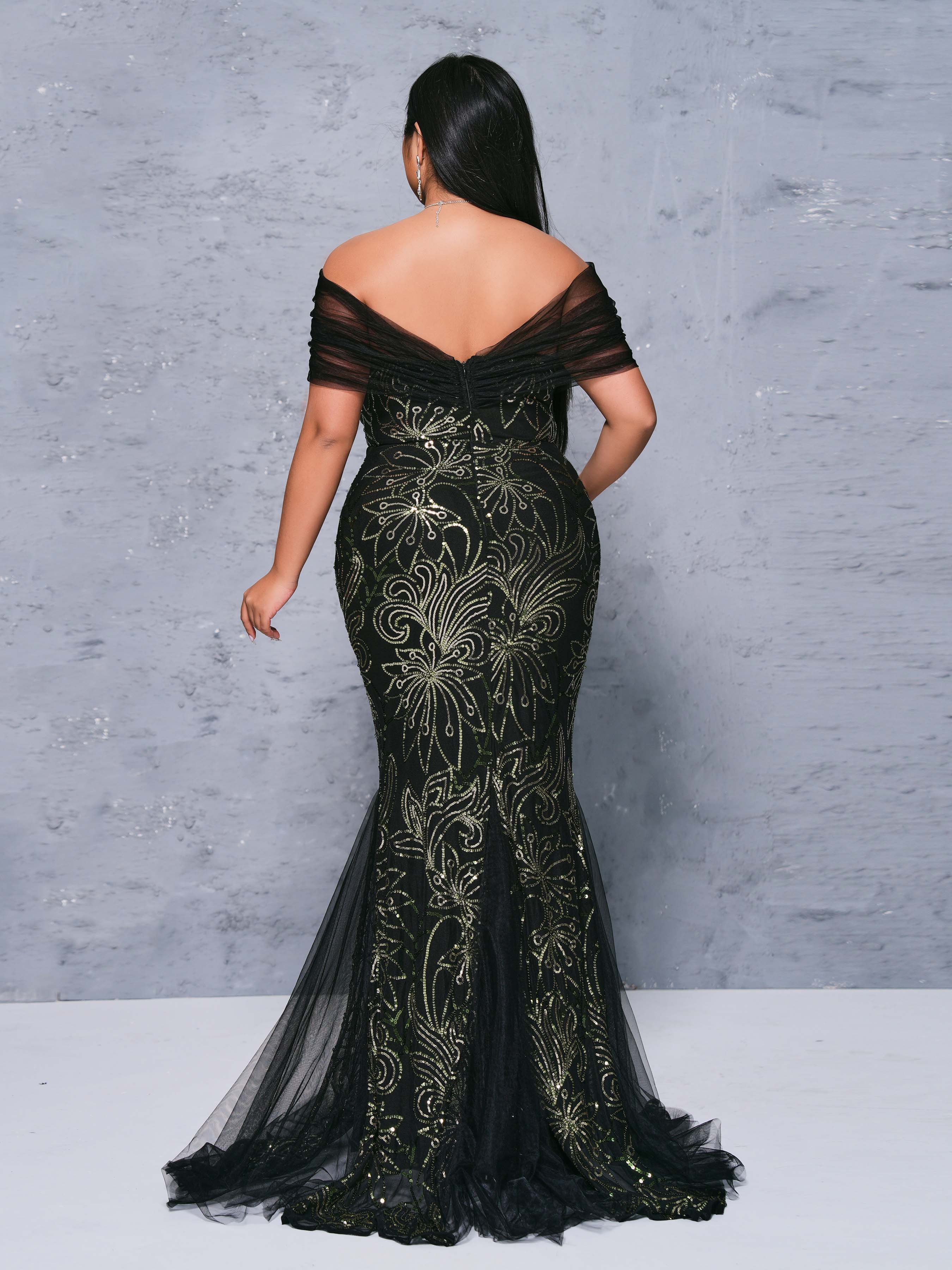 Plus Off Shoulder Panel Mermaid Dress PRX70147