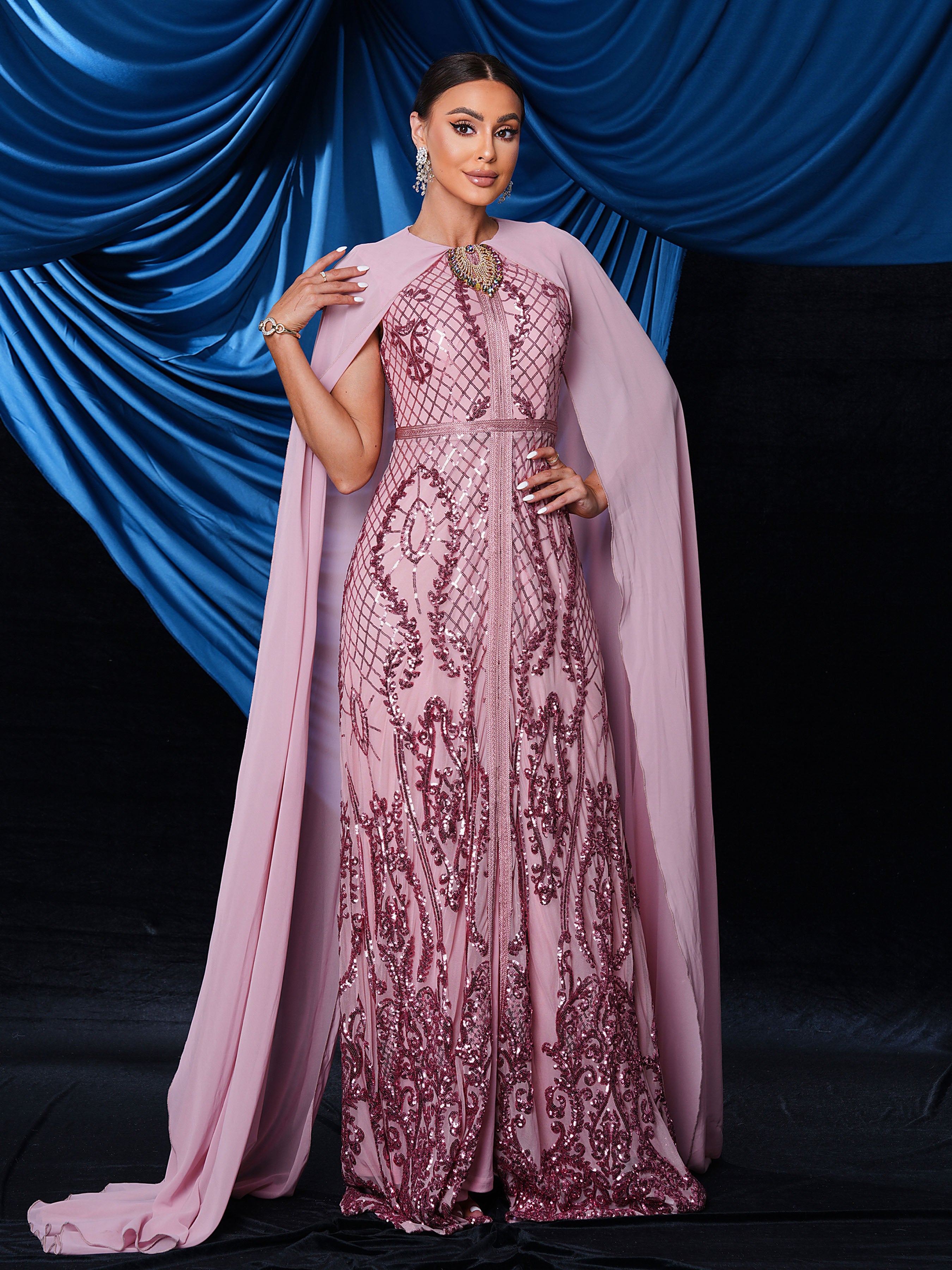 Metallic Embellished Collar Cape Sleeve Dress MES72011